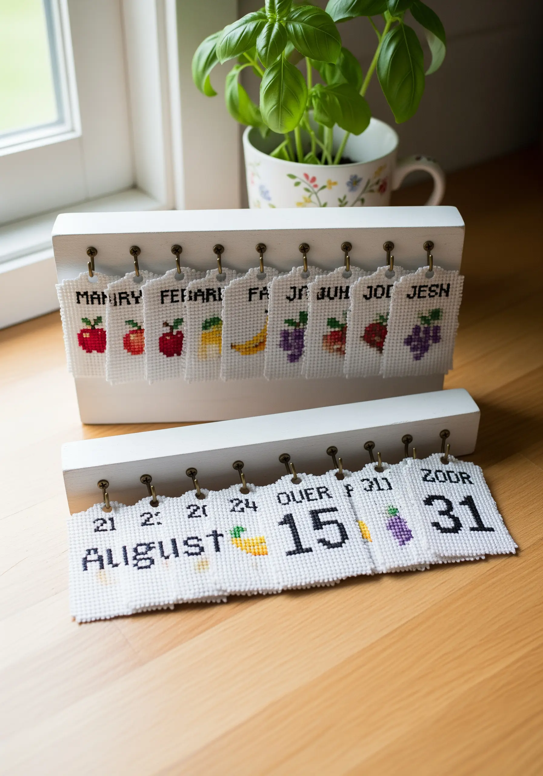 A perpetual calendar made of cross-stitched tags on white plastic canvas.