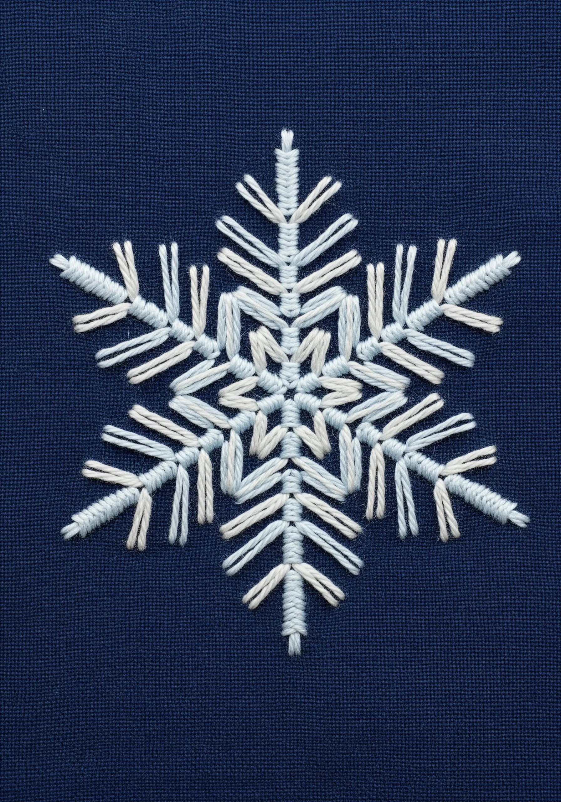 A symmetrical snowflake embroidered in white and light blue on dark blue fabric.