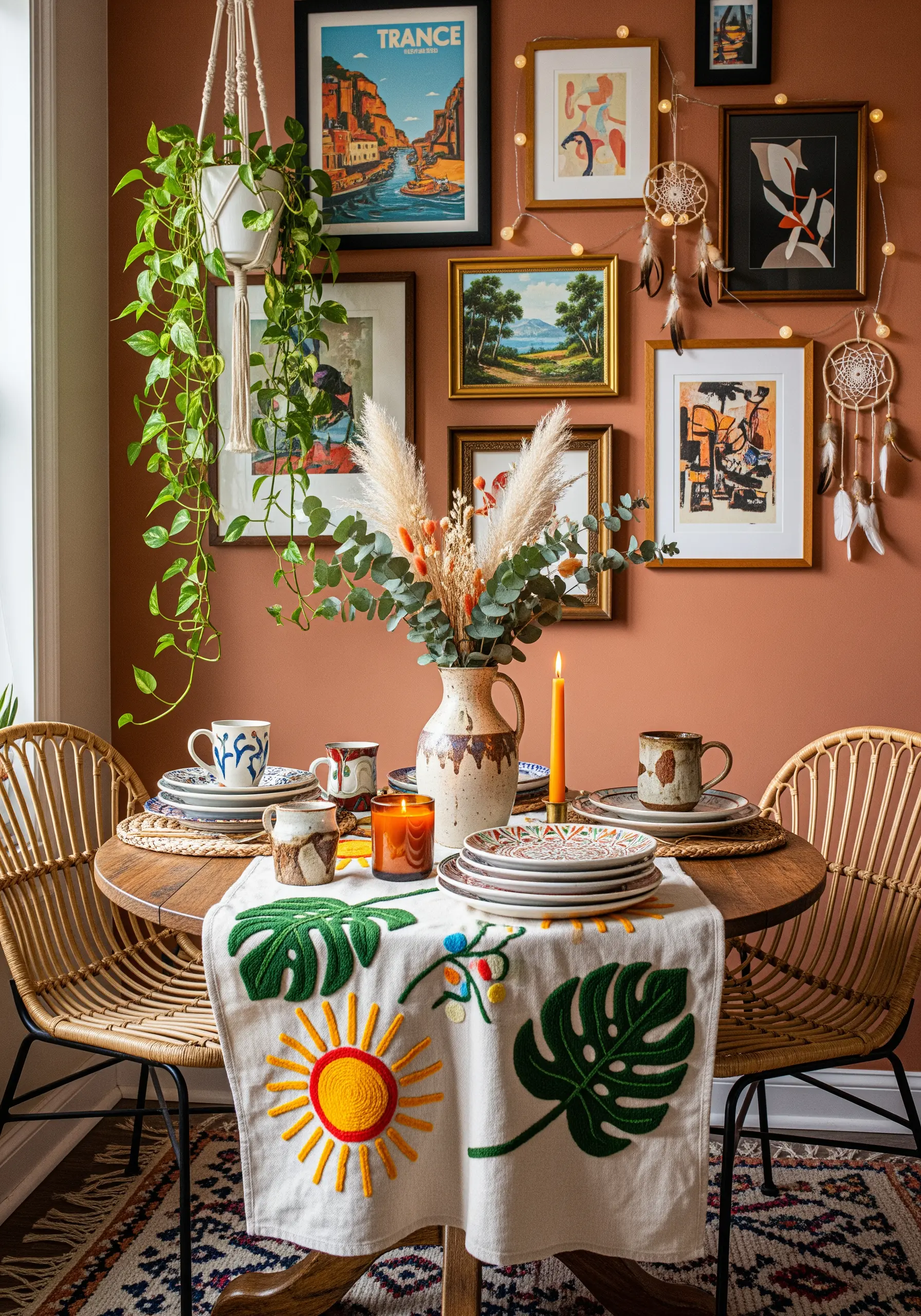 Textured bohemian table runner with a bright sun and monstera leaf motifs