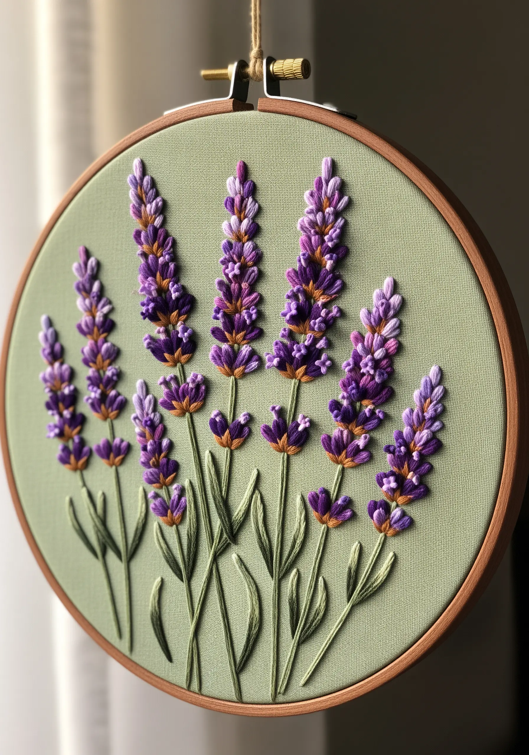 Textured lavender embroidery using purple bullion knots on a sage green cotton fabric.