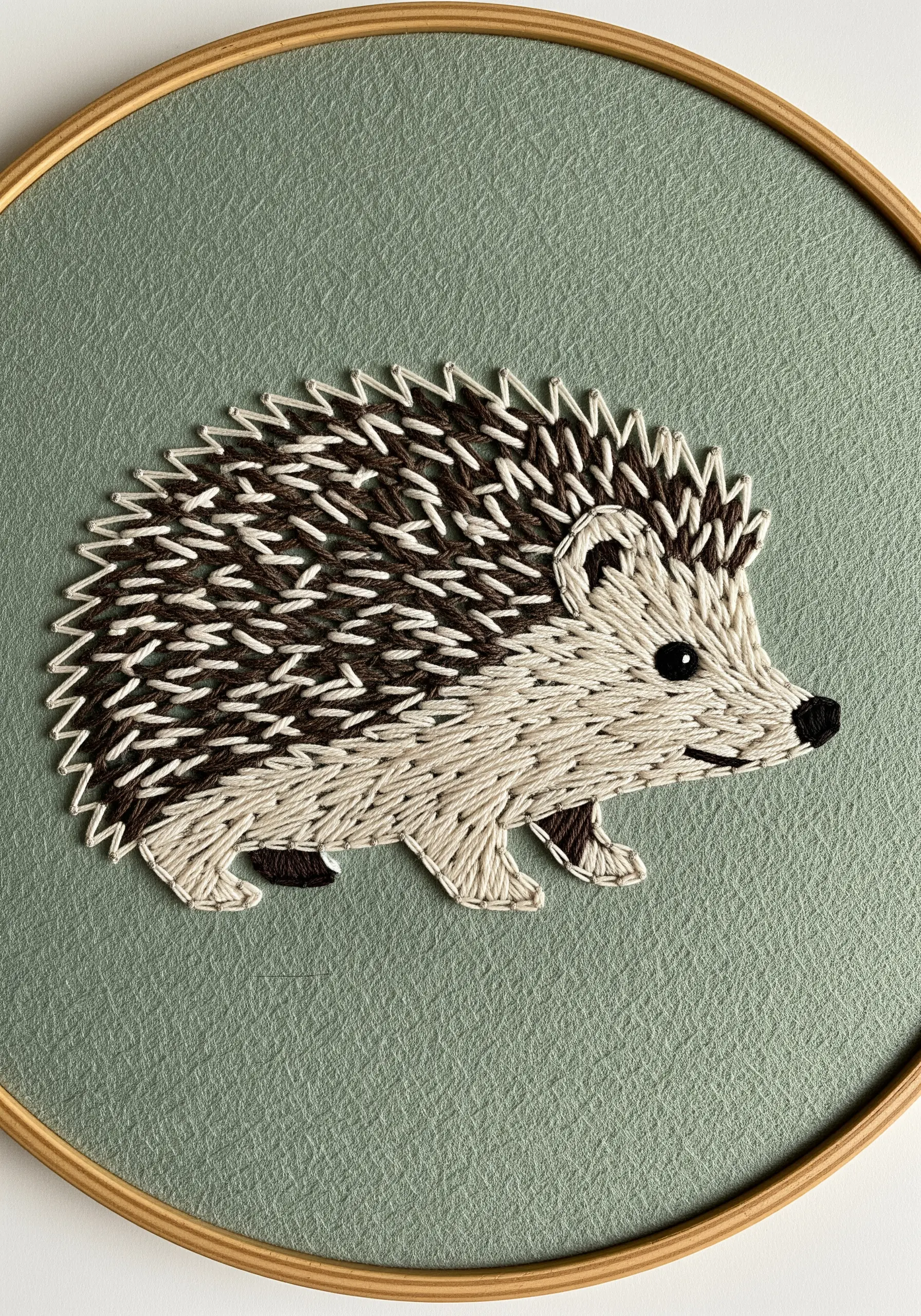 Hedgehog embroidery with textured brown and cream turkey work for spines.