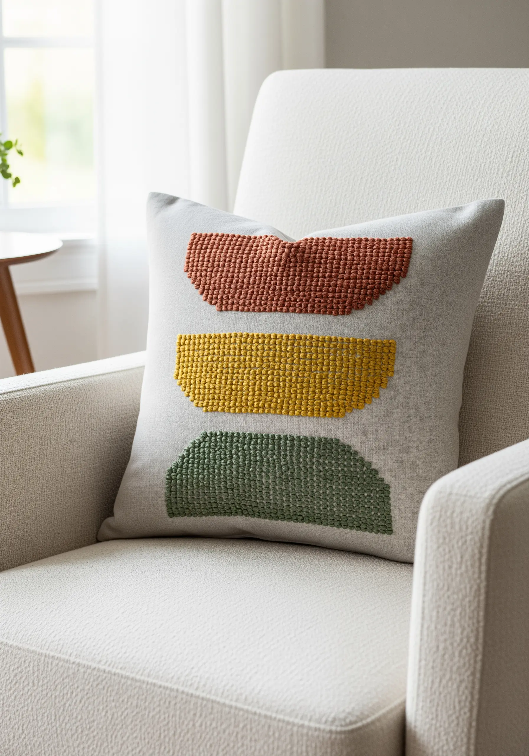 A throw pillow with three abstract semi-circle shapes filled with colorful French knots.