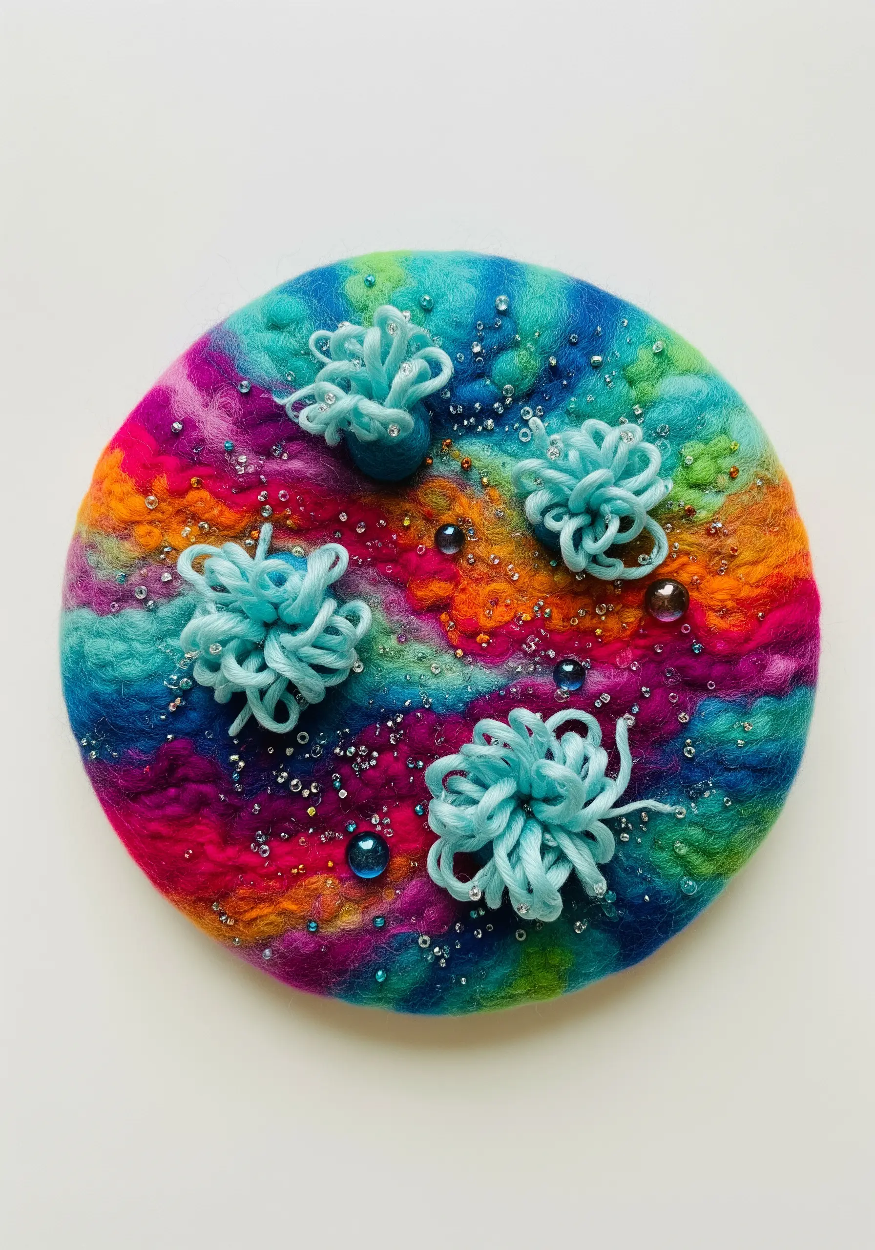 A round, needle-felted fiber art piece with vibrant colors, yarn loops, and sparkling beads.