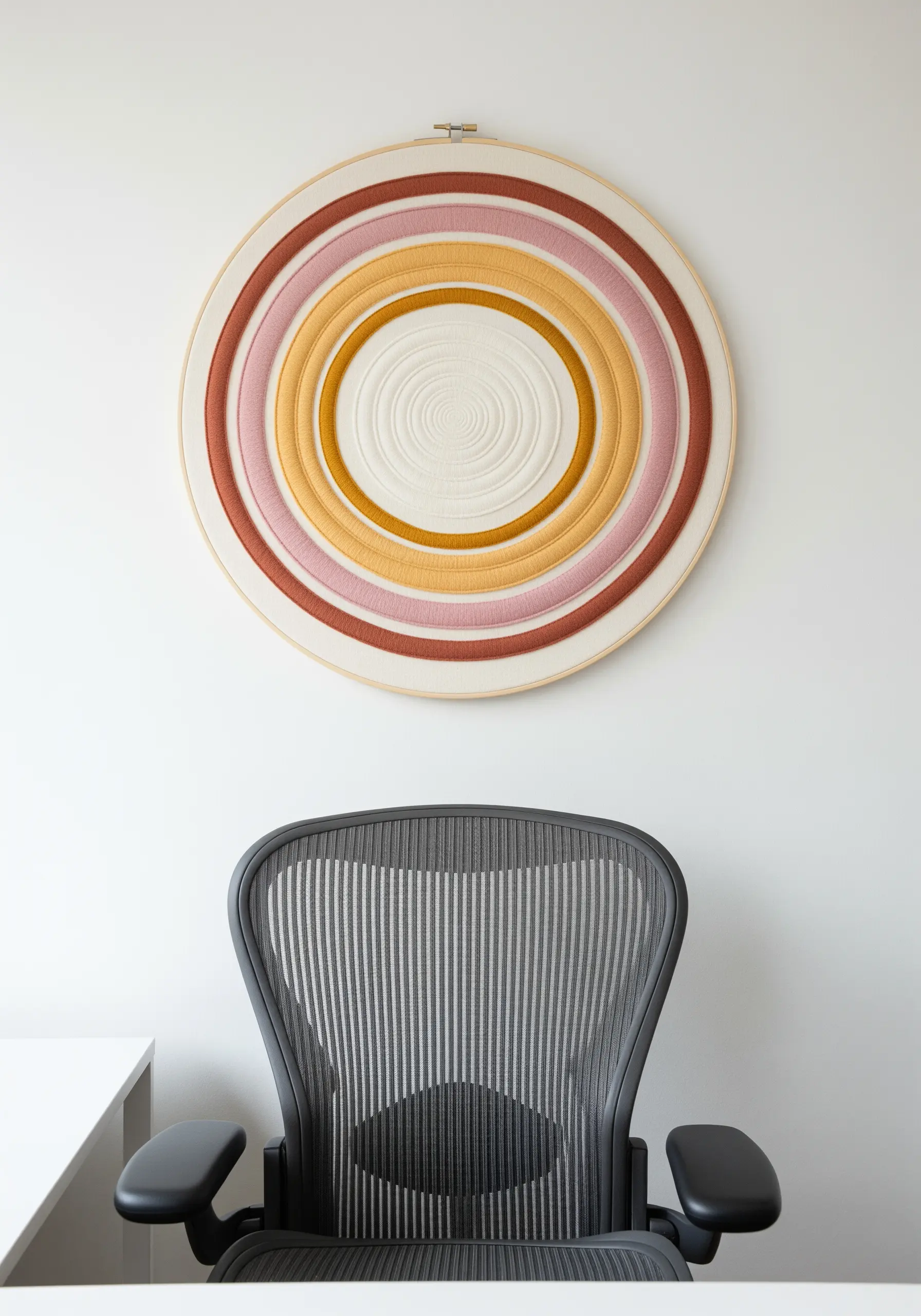 Large embroidery hoop with concentric circles of thick, couched yarn in earthy tones.