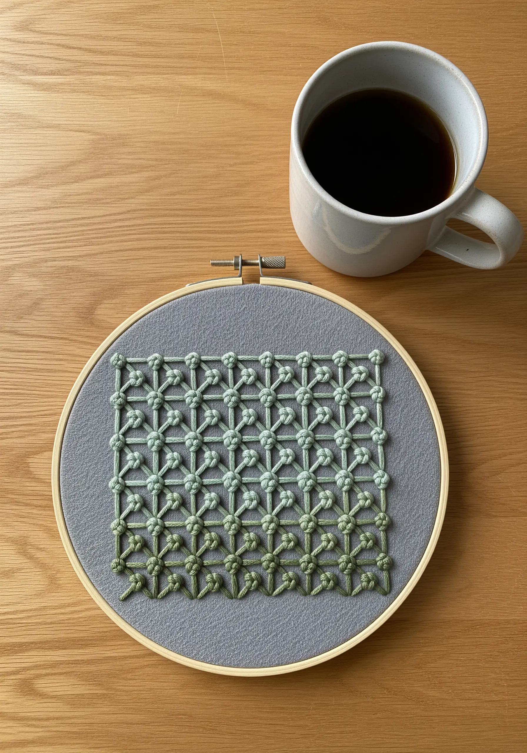 A grid of knotted stitches creating a green gradient on gray fabric.