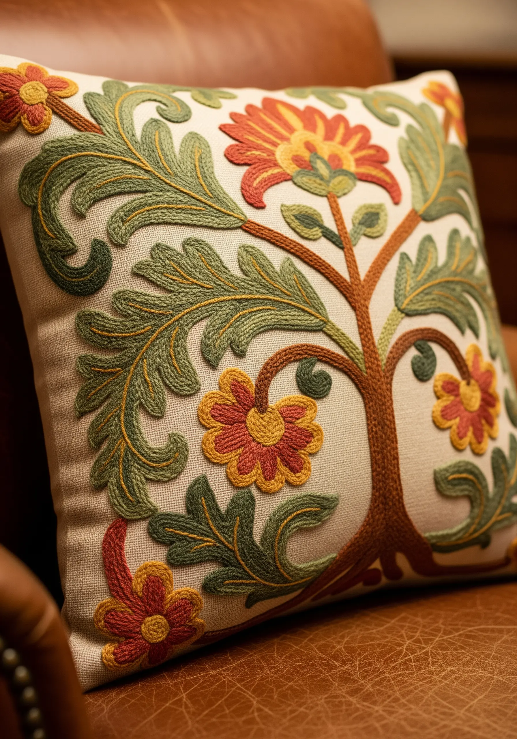 Wool crewel work pillow with green and orange floral motifs