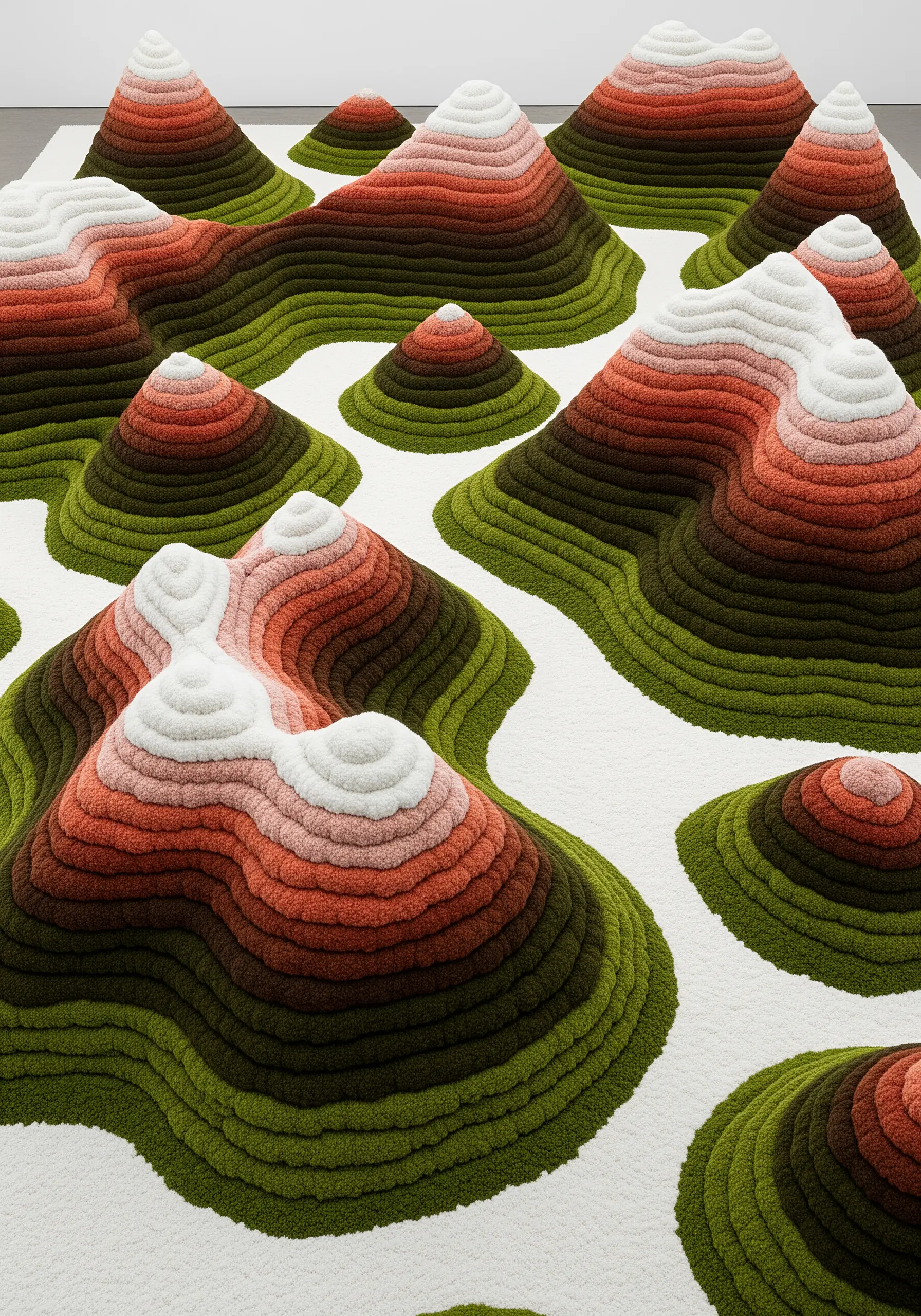 A large textile art piece resembling a topographic map with raised, layered contours.