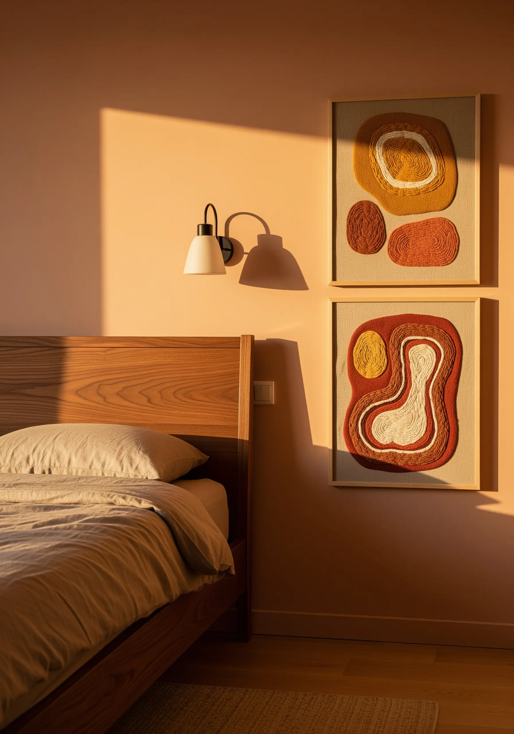Framed abstract fiber art using couched yarn in earthy tones hanging above a bed.