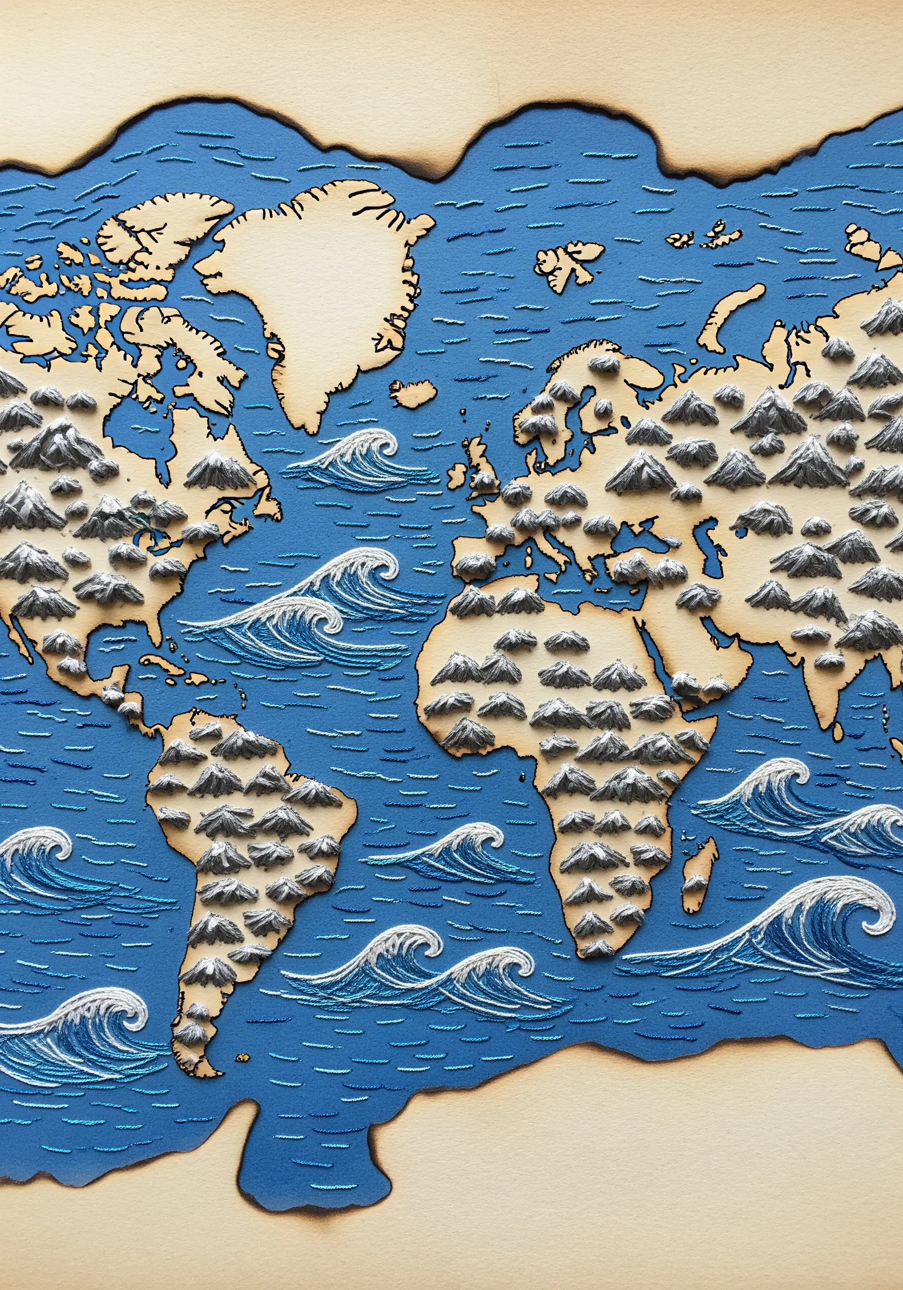 A world map collage with burnt edges and three-dimensional paper mountains and stitched waves.