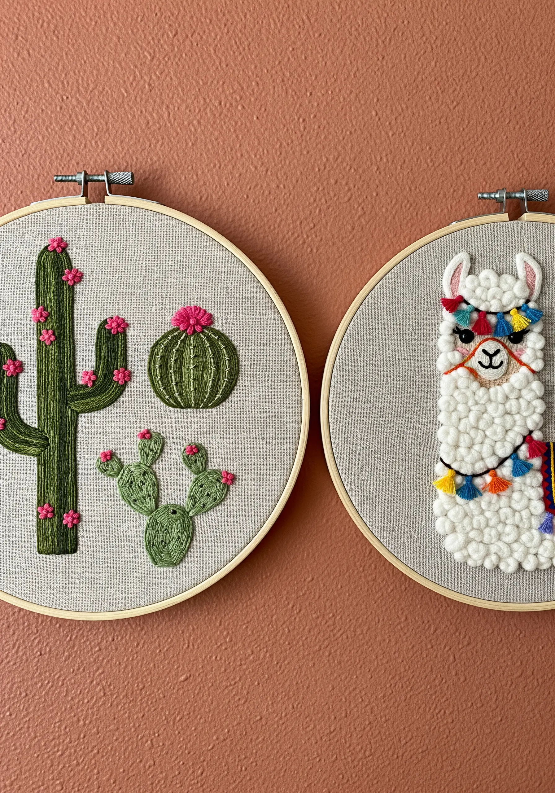 Two embroidery hoops, one with a llama made of French knots and another with stitched cacti.