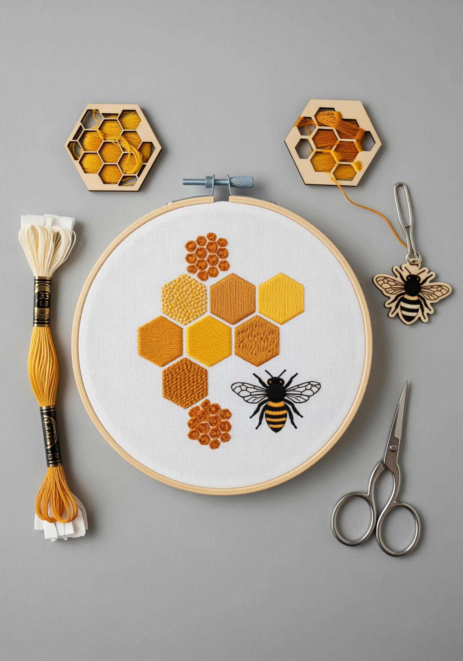 An embroidery of a honeycomb and a bee, with hexagons filled with various textured stitches.