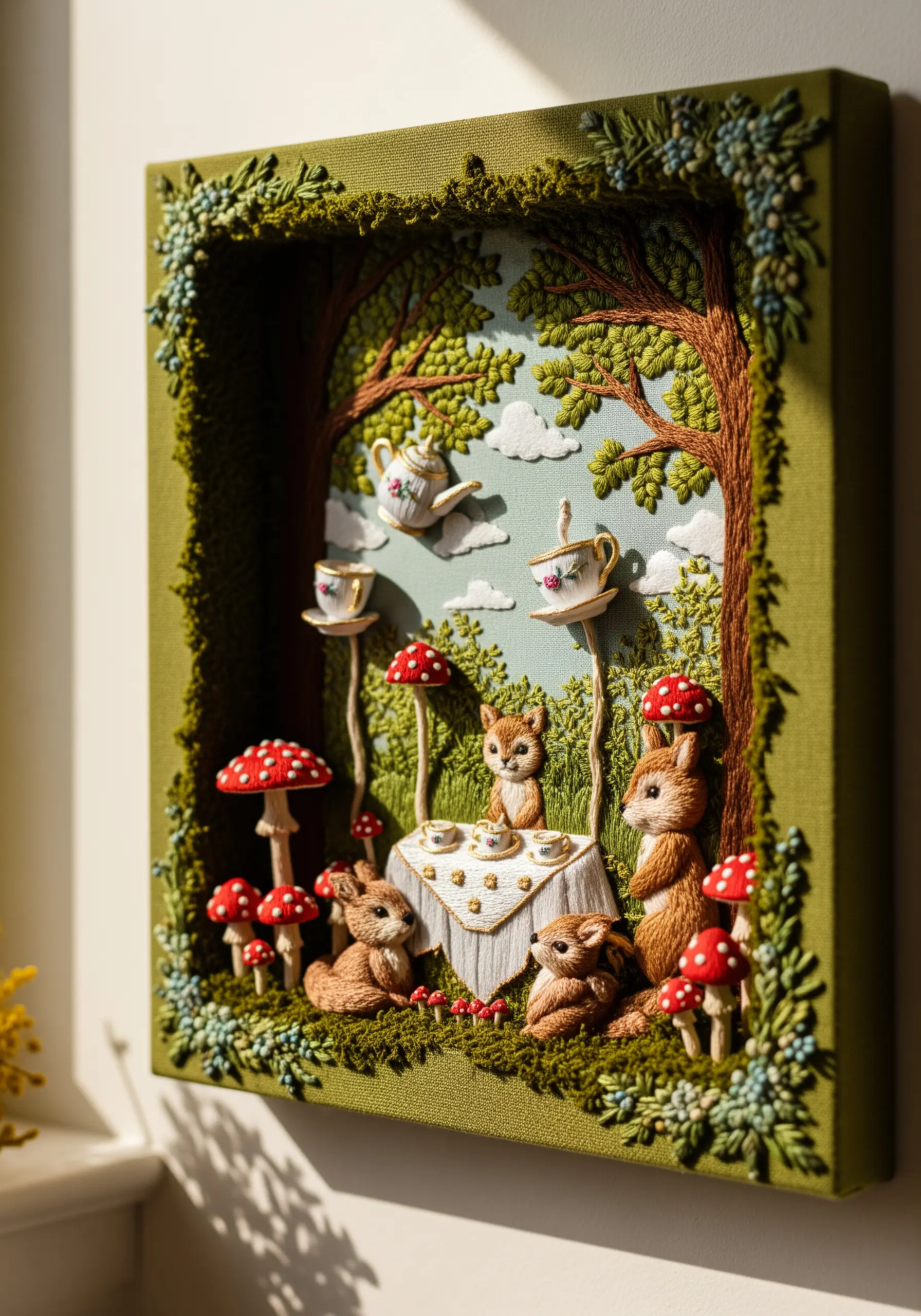 A 3D shadow box embroidery diorama of a woodland animal tea party.
