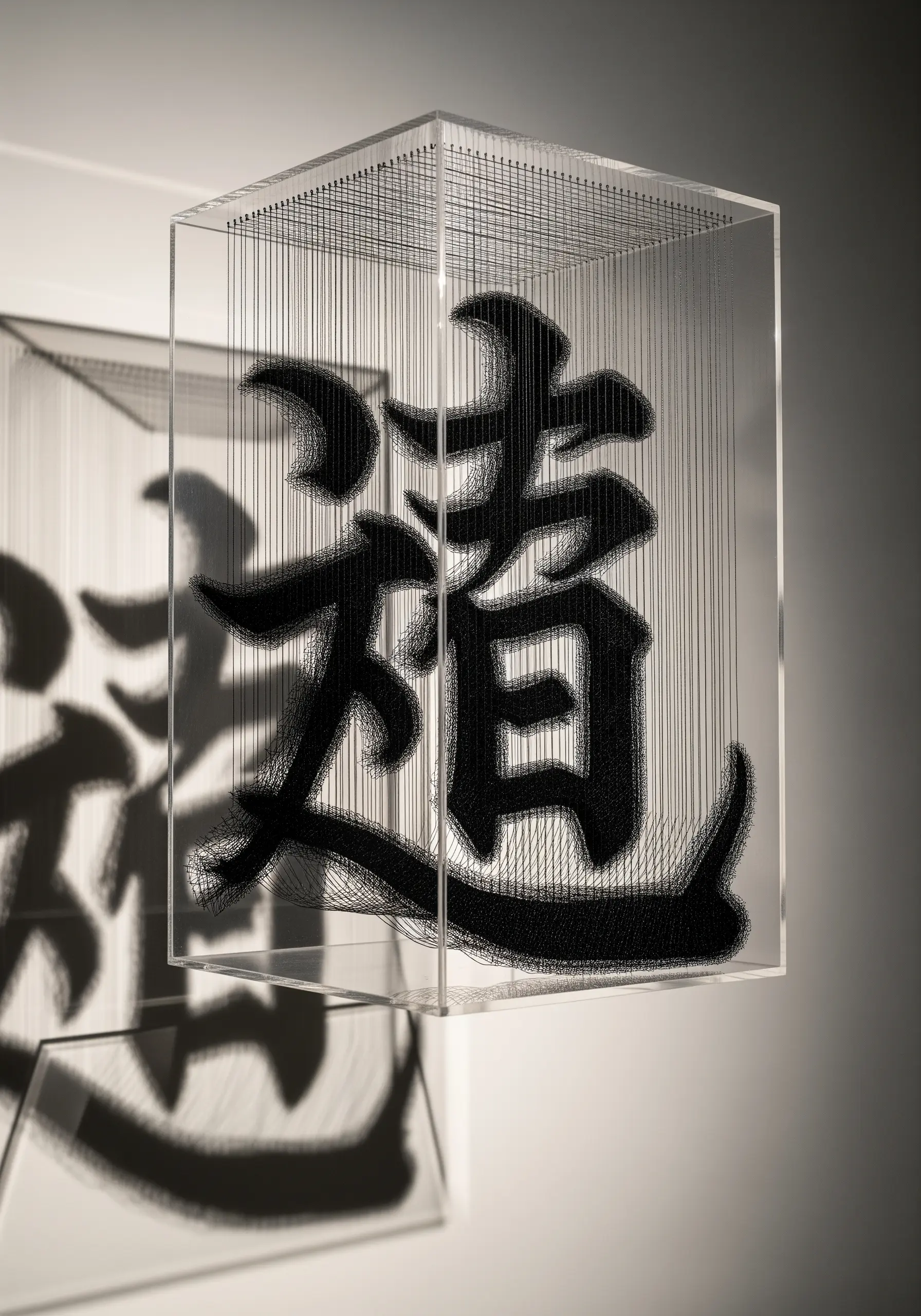 A 3D Japanese character formed by black thread woven into a grid inside a clear box.