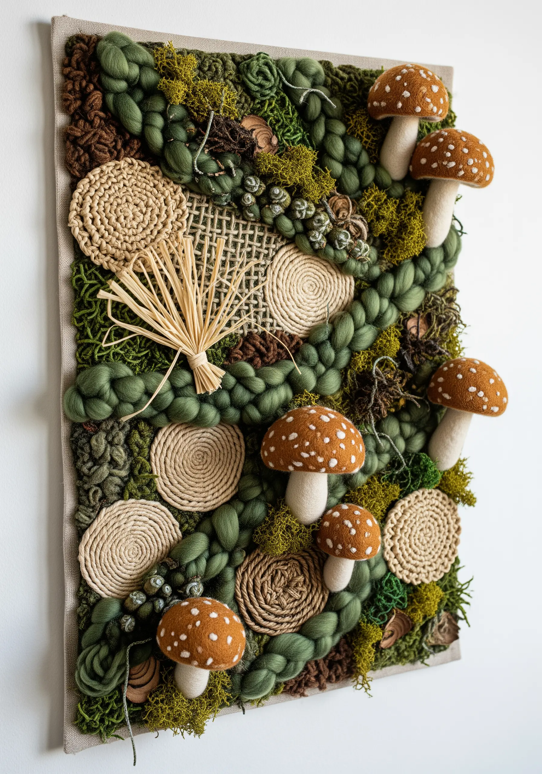 3D mixed-media textile art of a forest floor with felt mushrooms and coiled rope.