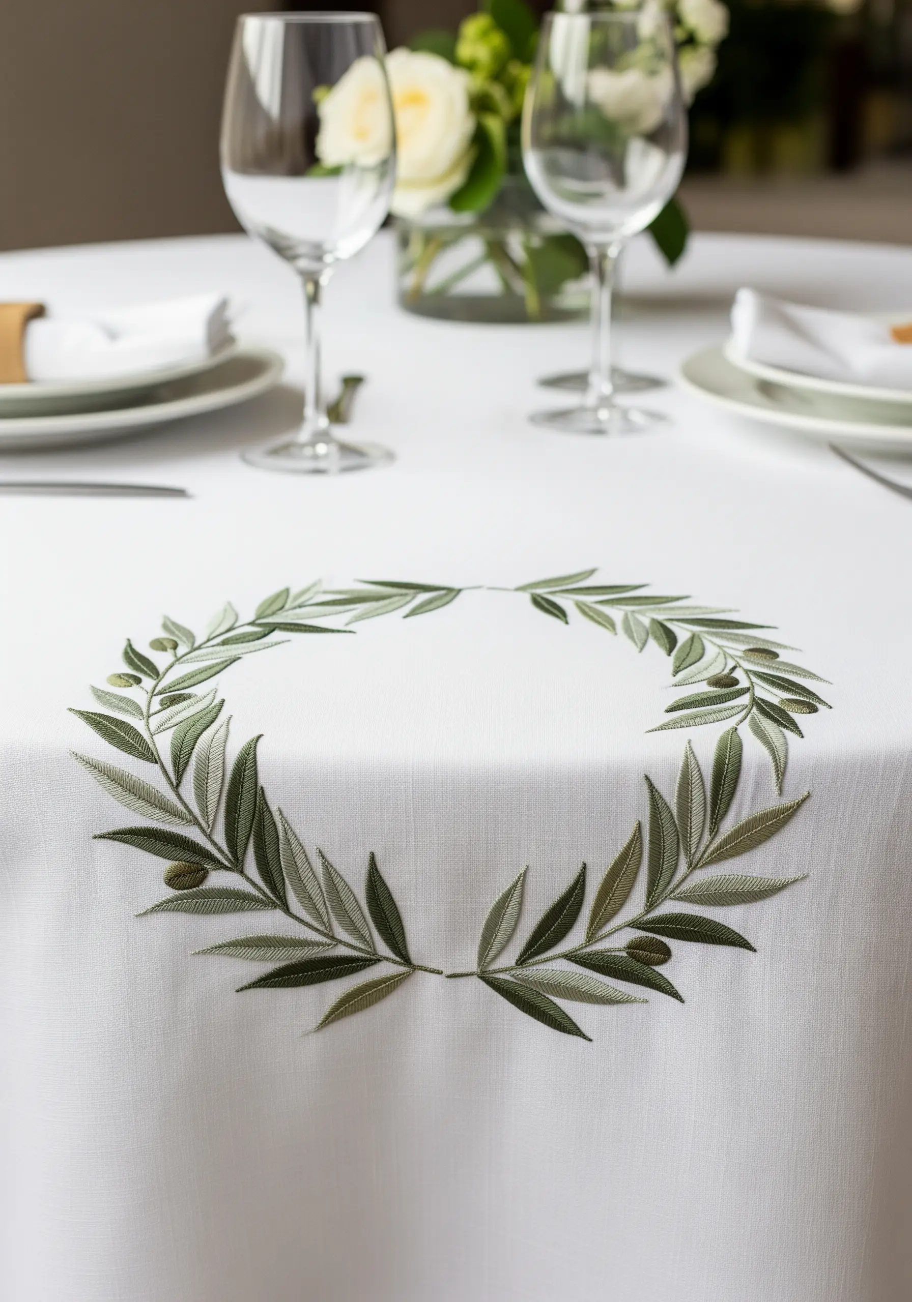 A minimalist olive leaf wreath embroidered in various shades of green on a white tablecloth.