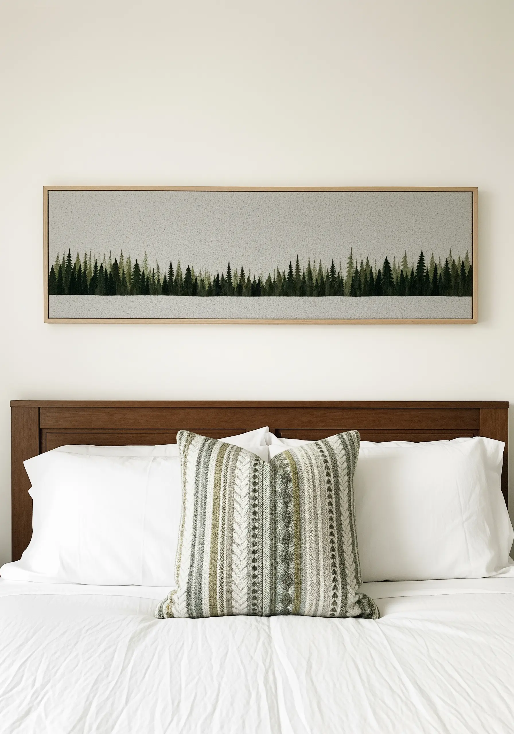 A panoramic embroidery of a pine forest treeline using green French knots.