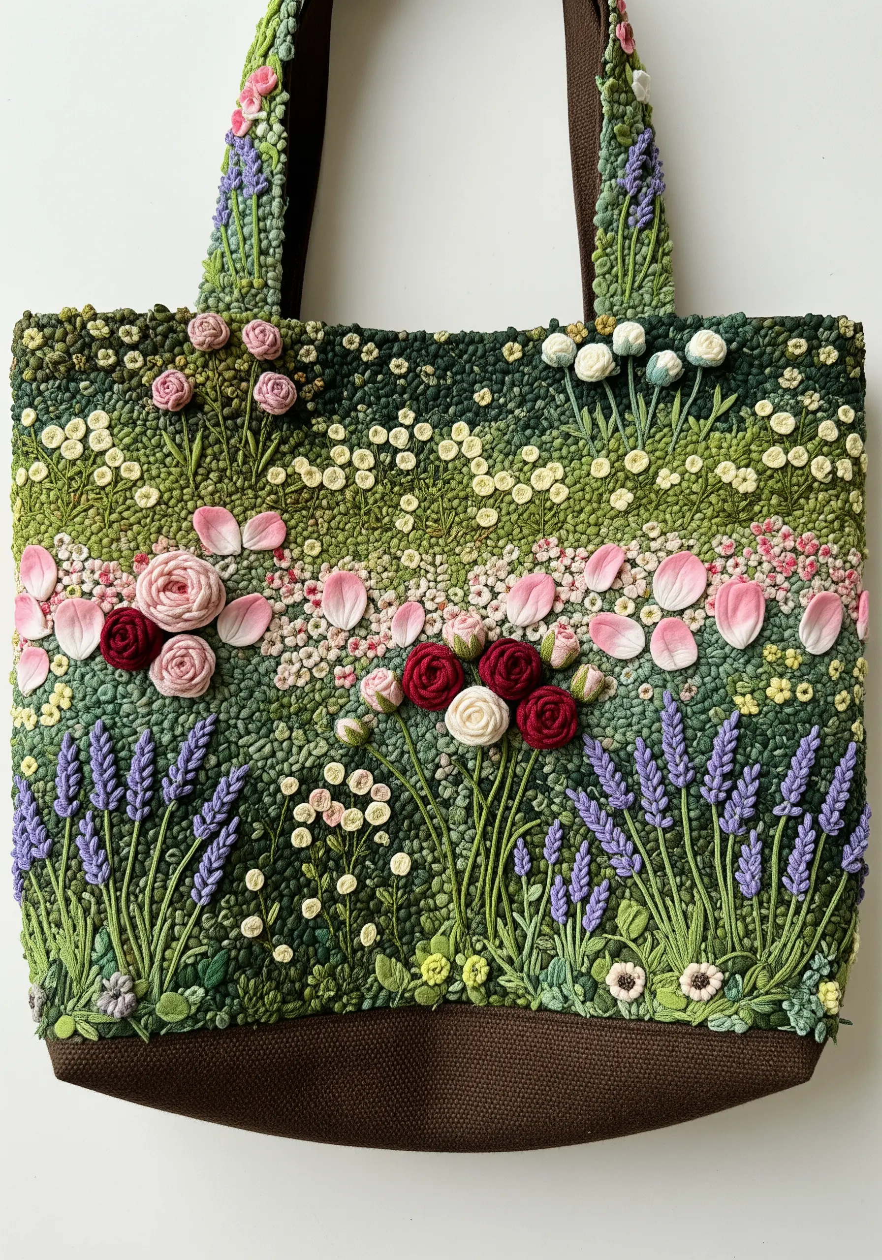 Highly textured floral meadow embroidered on a tote bag using French knots and ribbon stitches.