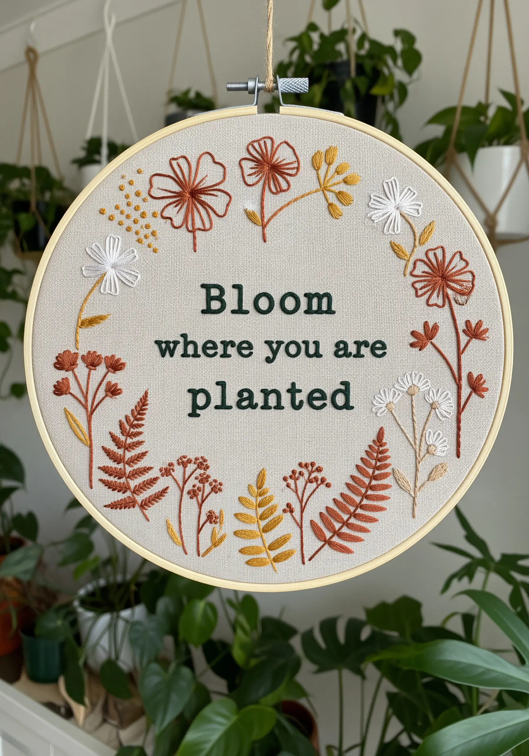 Floral wreath embroidery with the quote “Bloom where you are planted” in the center.