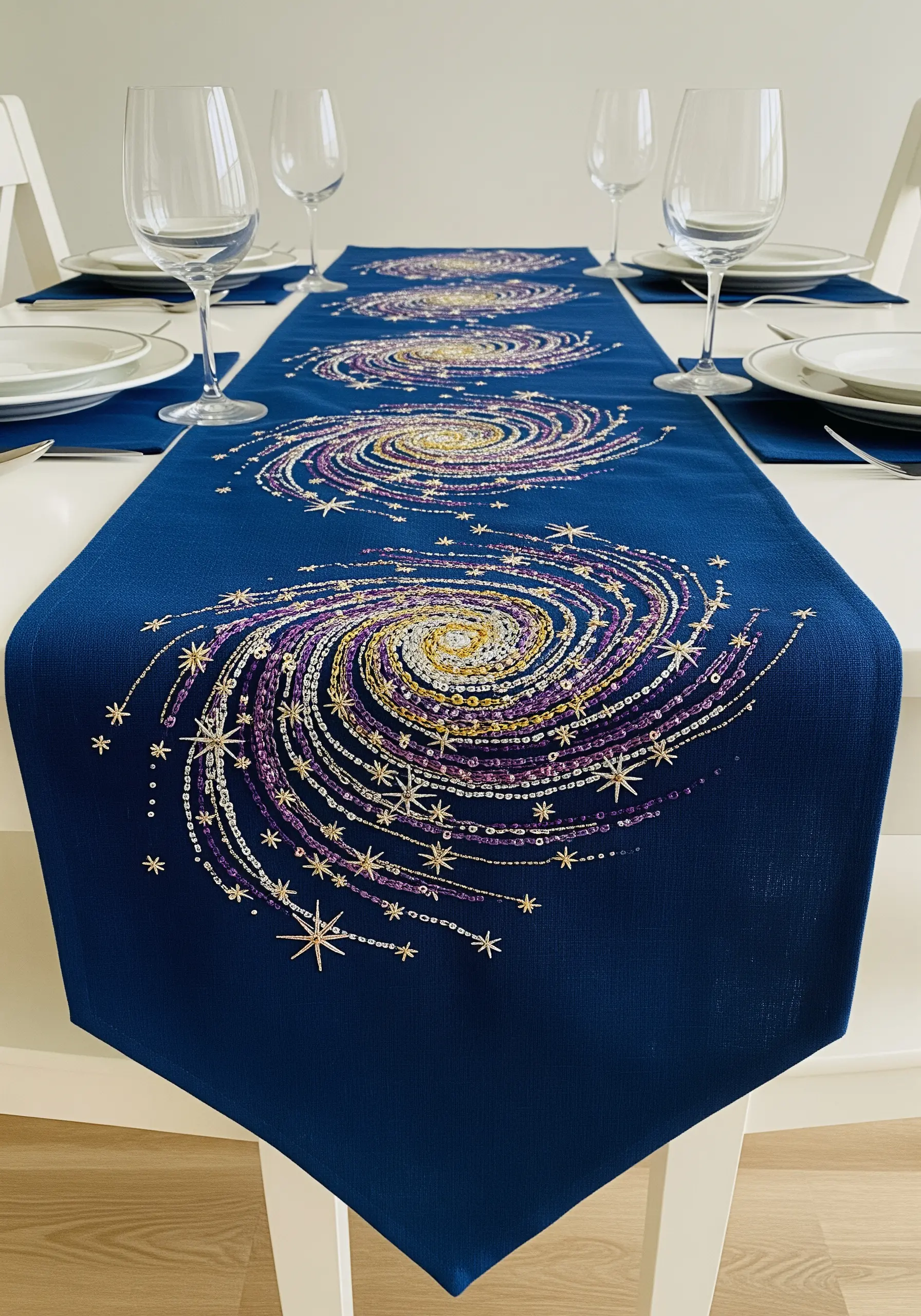 A swirling galaxy embroidered with metallic threads, sequins, and beads on a blue runner.