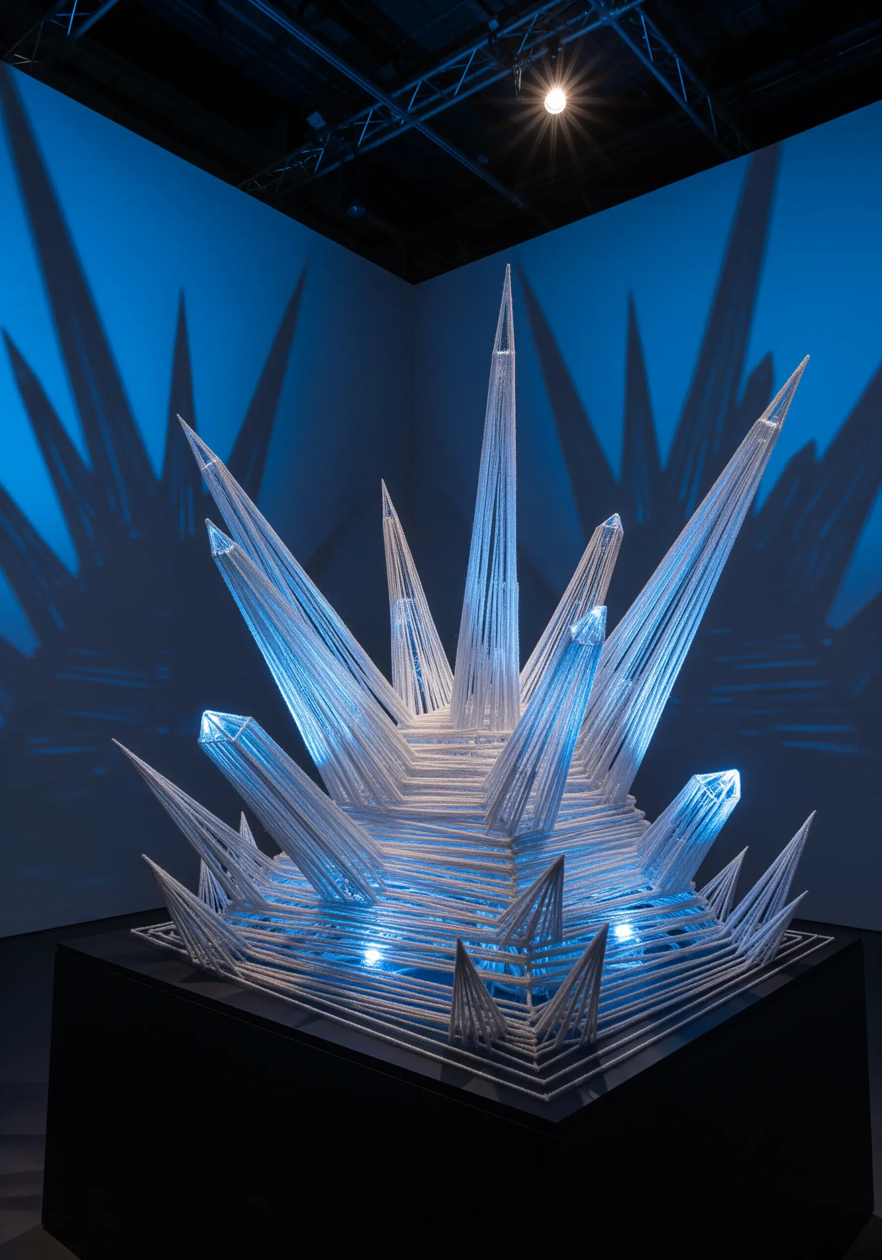 A thread sculpture of a crystal formation, wrapped in white thread and illuminated from within.