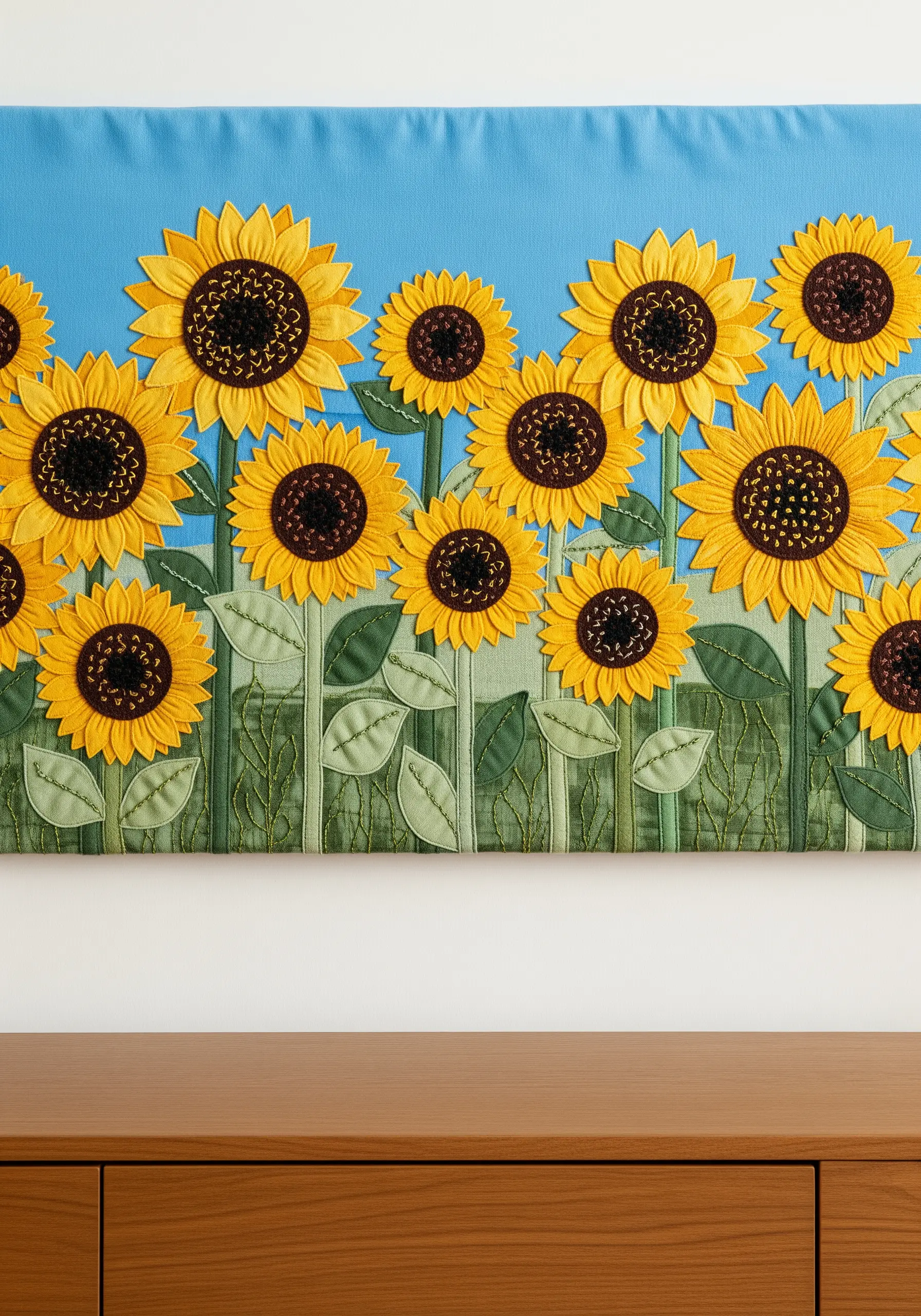 Sunflowers made from layered fabric appliqué petals and textured stitched centers.