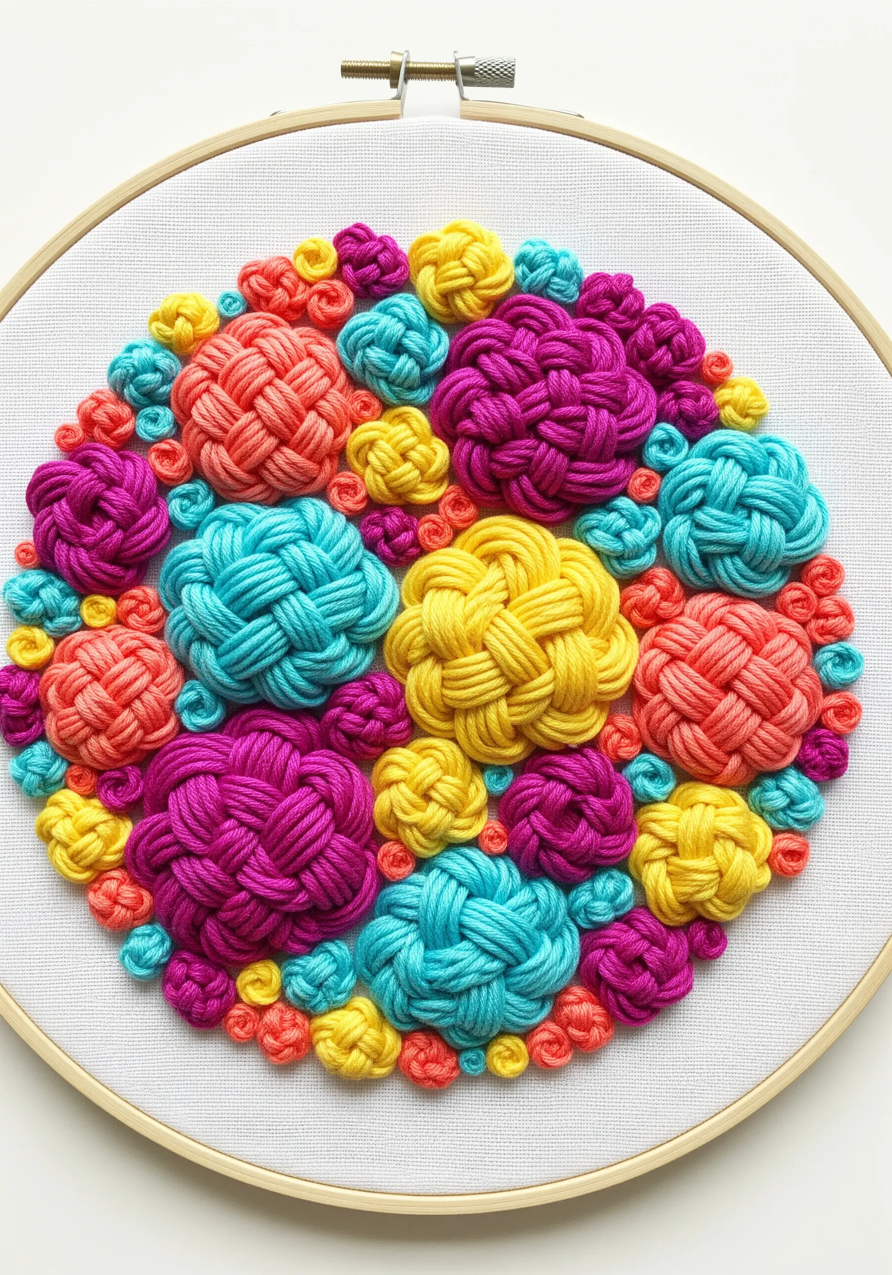 Dense, colorful woven wheel stitches in turquoise, magenta, and yellow.