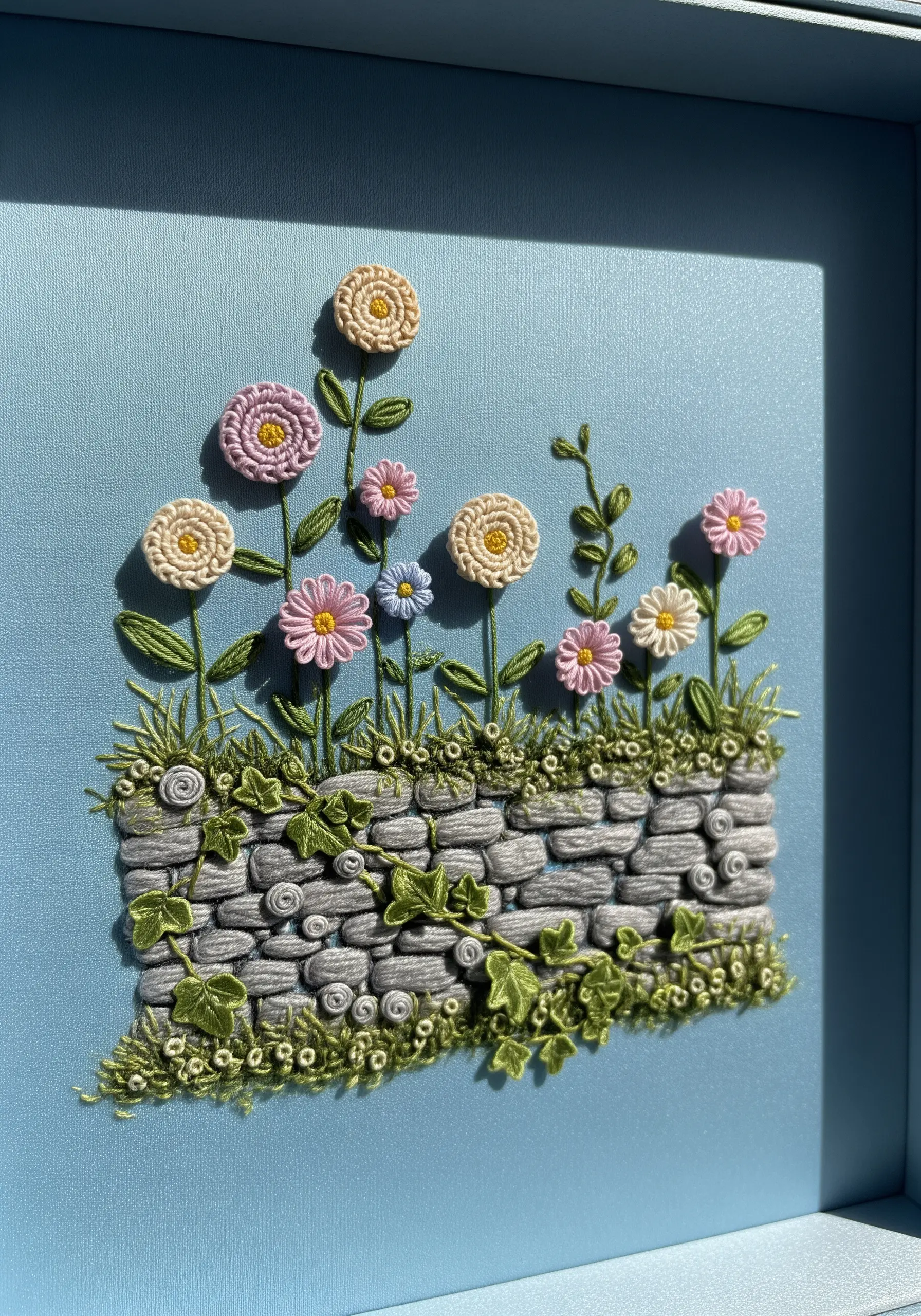 A 3D floral embroidery scene with woven wheel flowers and a padded satin stitch stone wall.