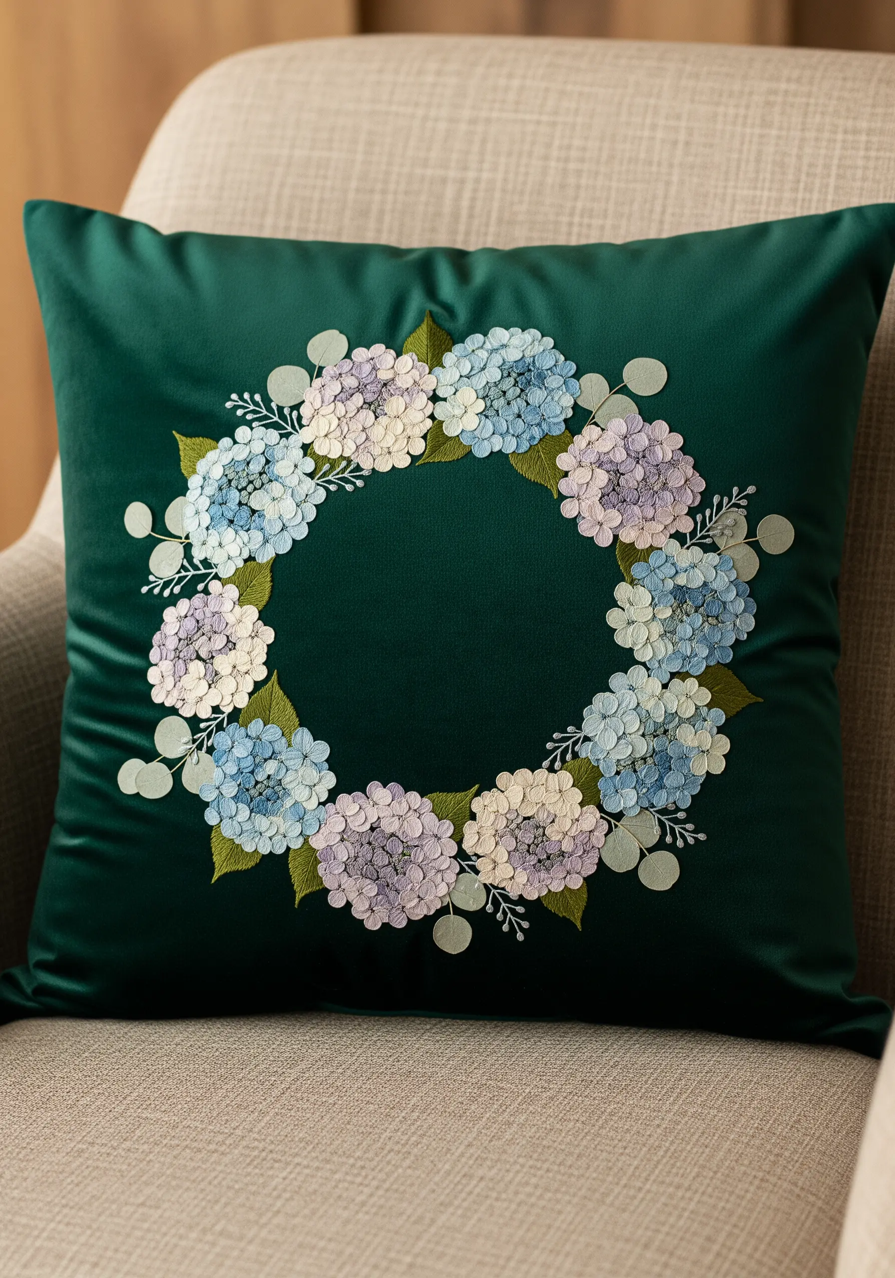A wreath of embroidered hydrangeas in blue, purple, and cream on a dark green satin cushion.