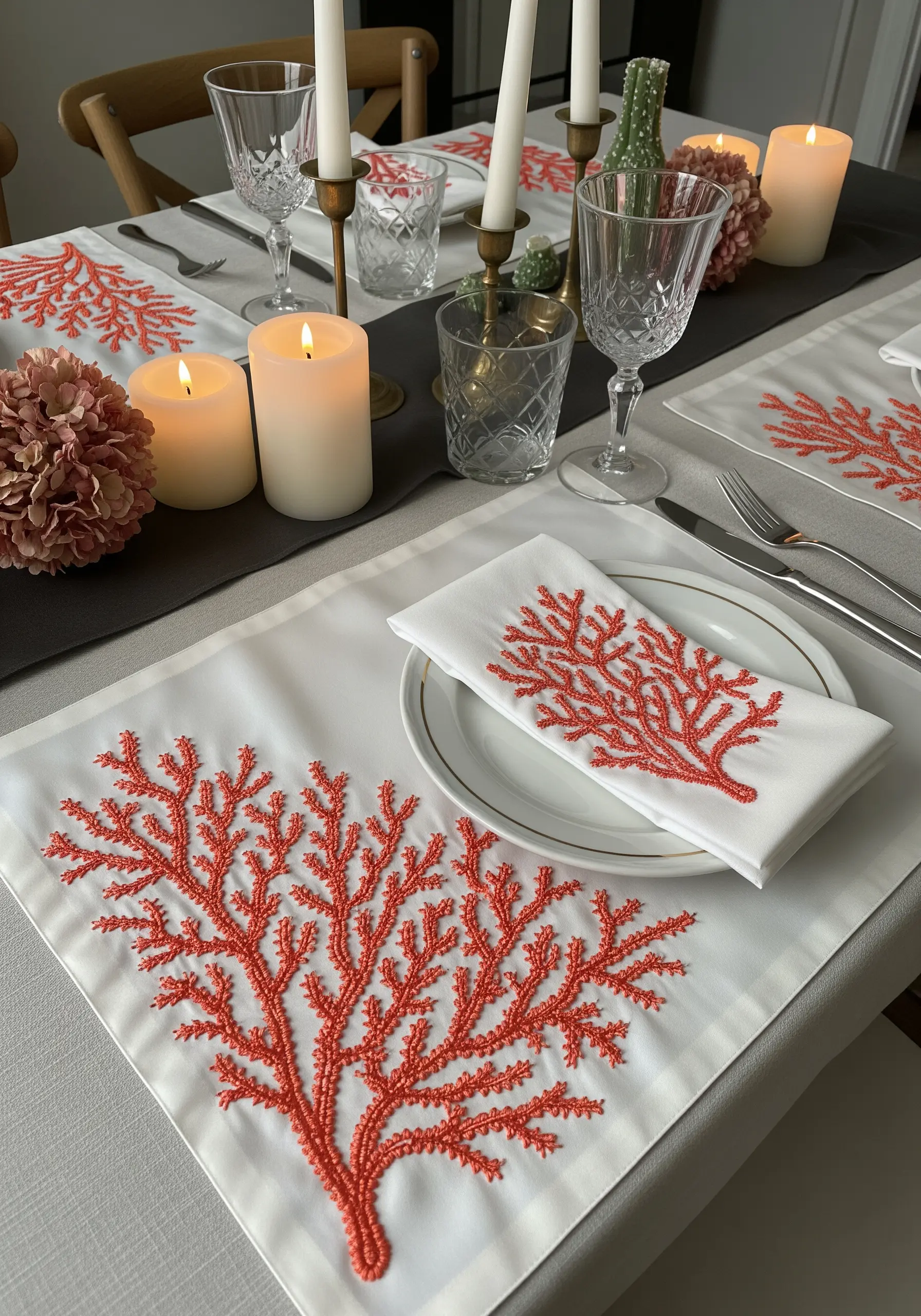 Bright coral branches embroidered with dense French knots on white placemats.