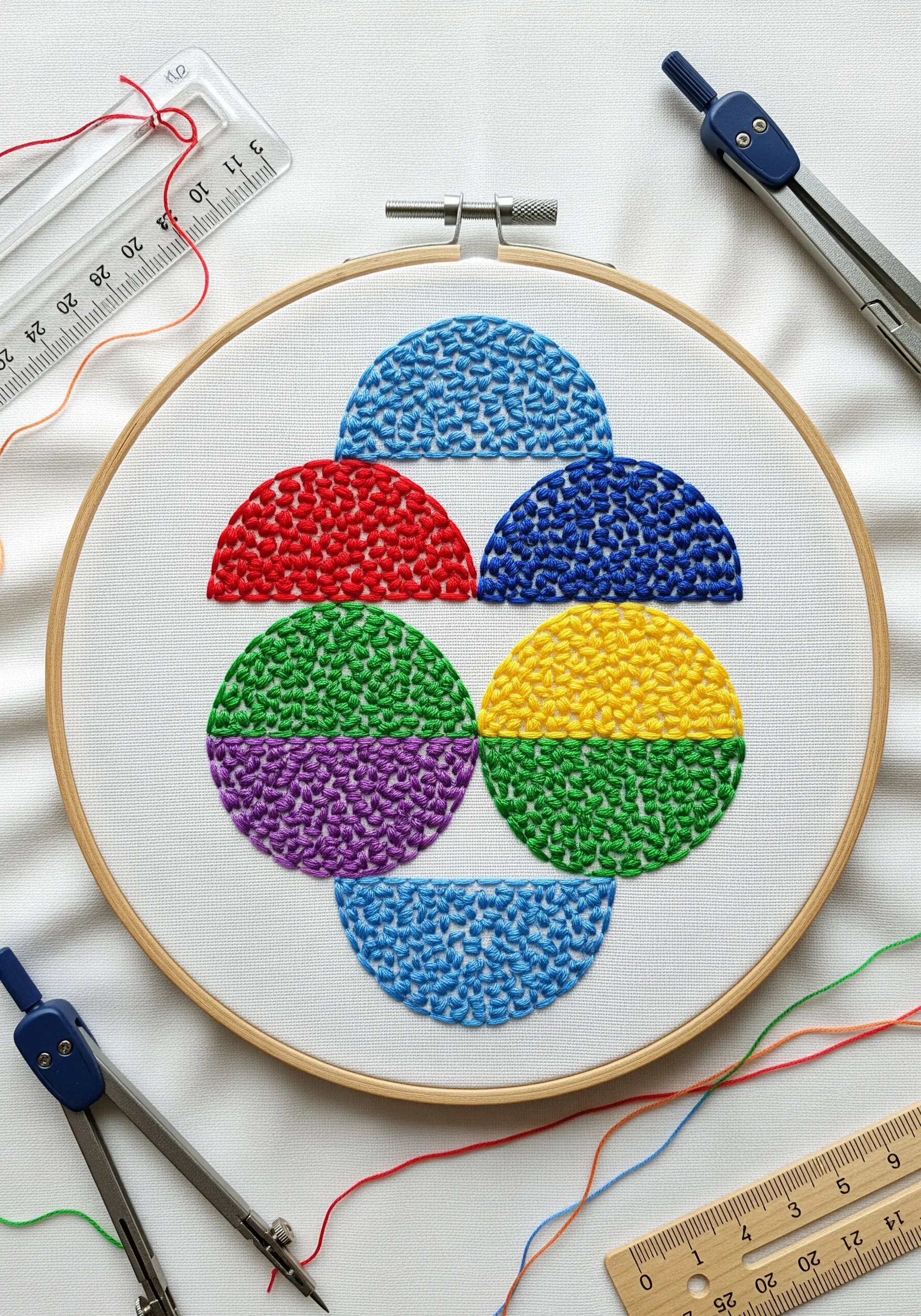 Interlocking semi-circles filled with dense seed stitches in primary and secondary colors.