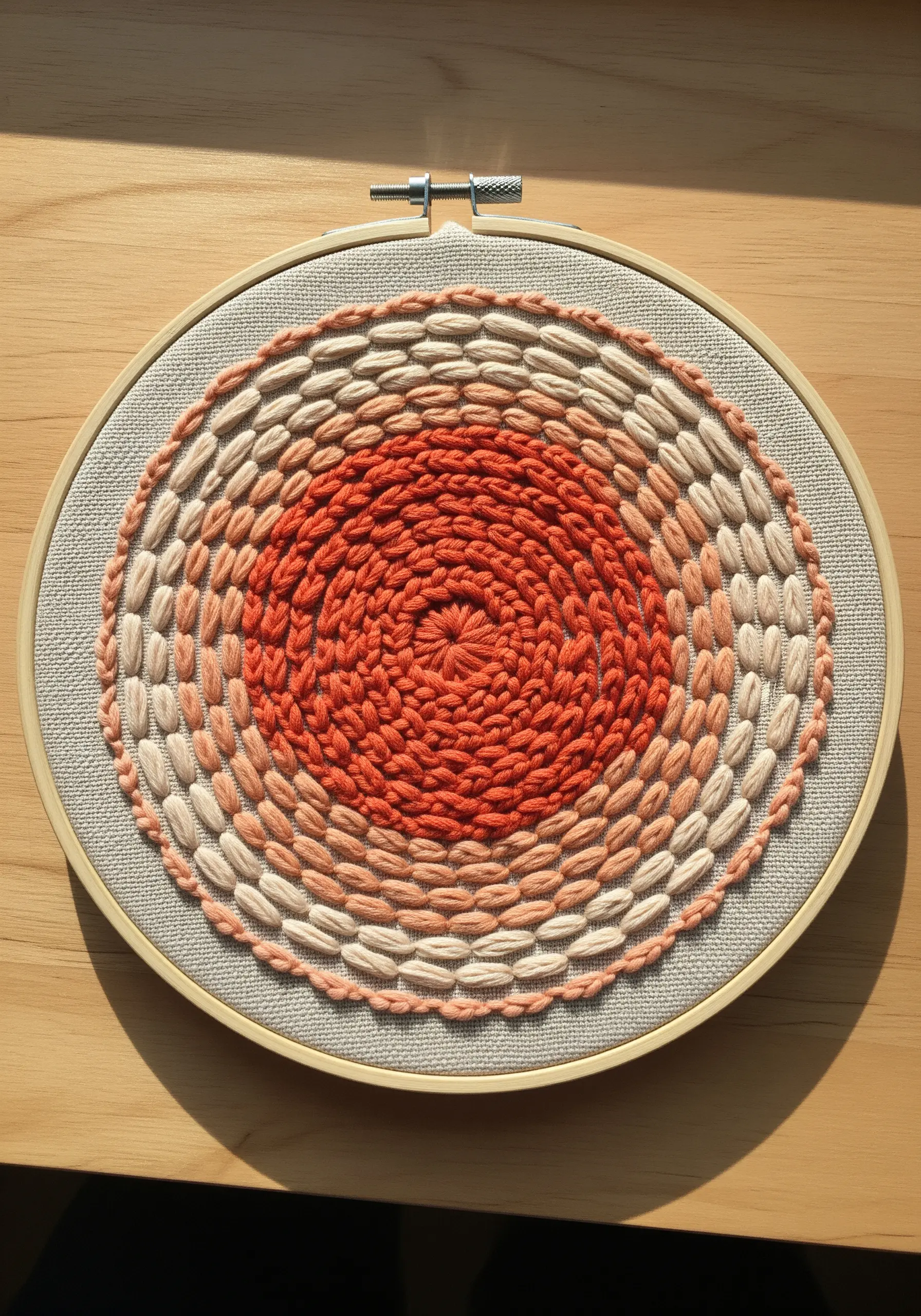 Concentric circles of textured stitches creating a gradient from orange to cream in a hoop.