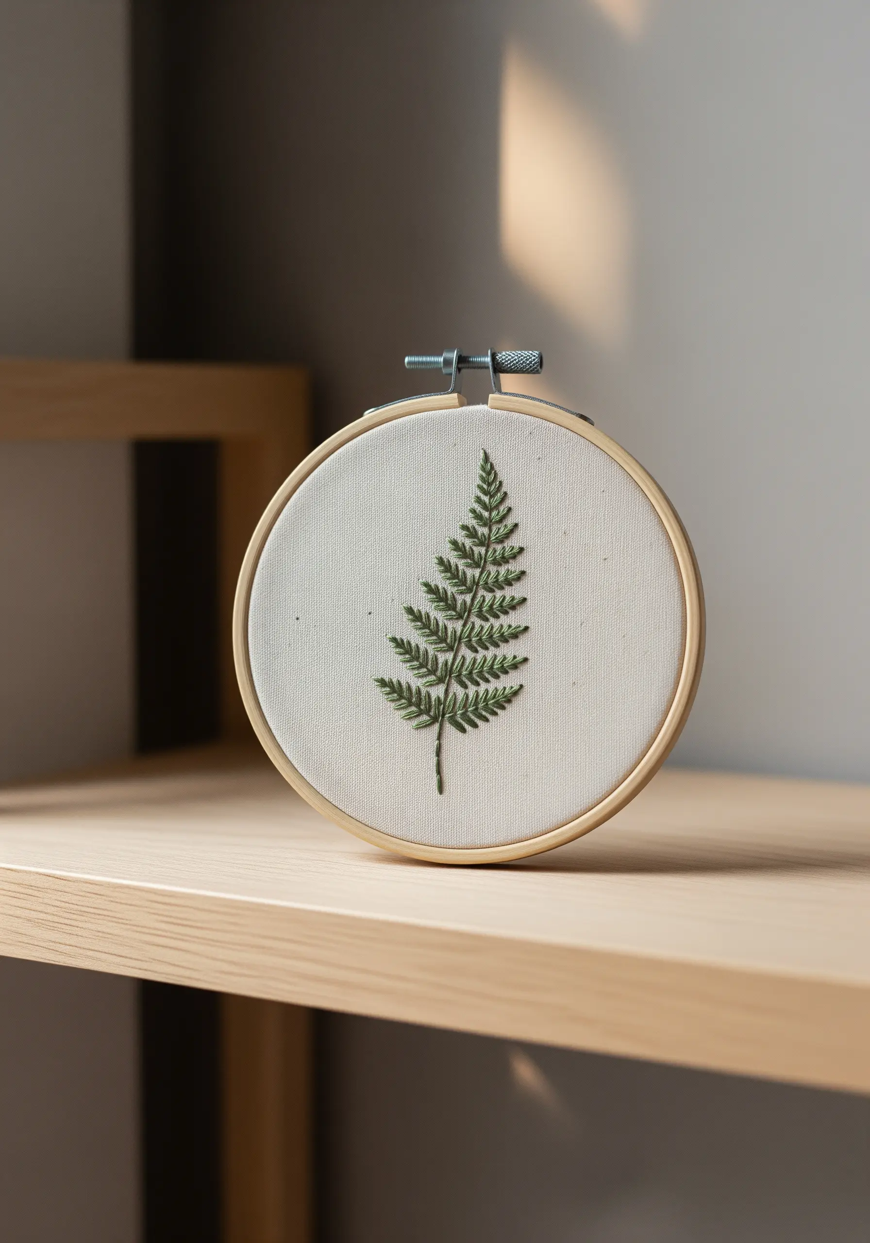 A delicate fern leaf embroidered with green fly stitches on a light-colored fabric.