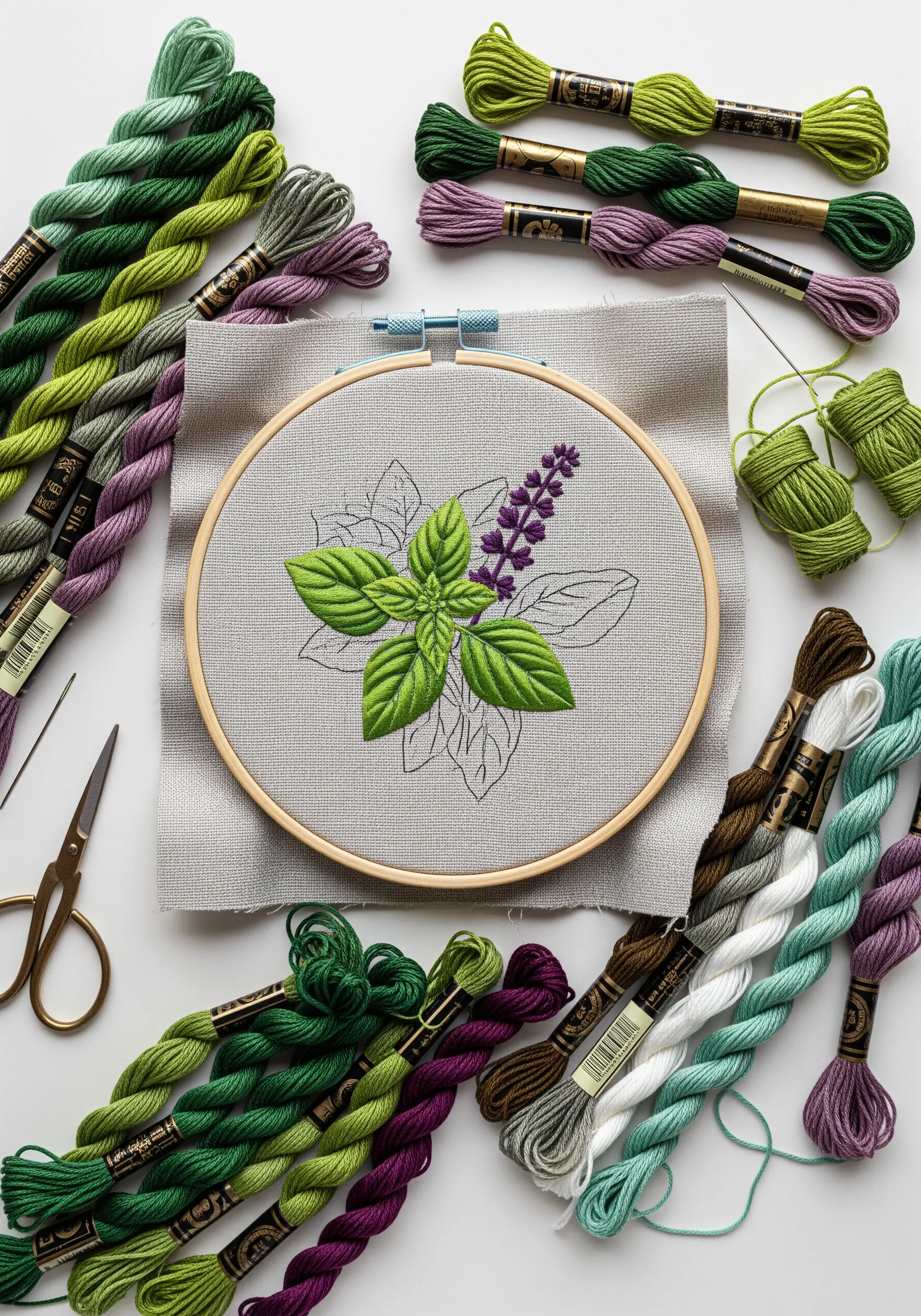 An in-progress embroidery hoop showing basil leaves partially filled with blended green threads.