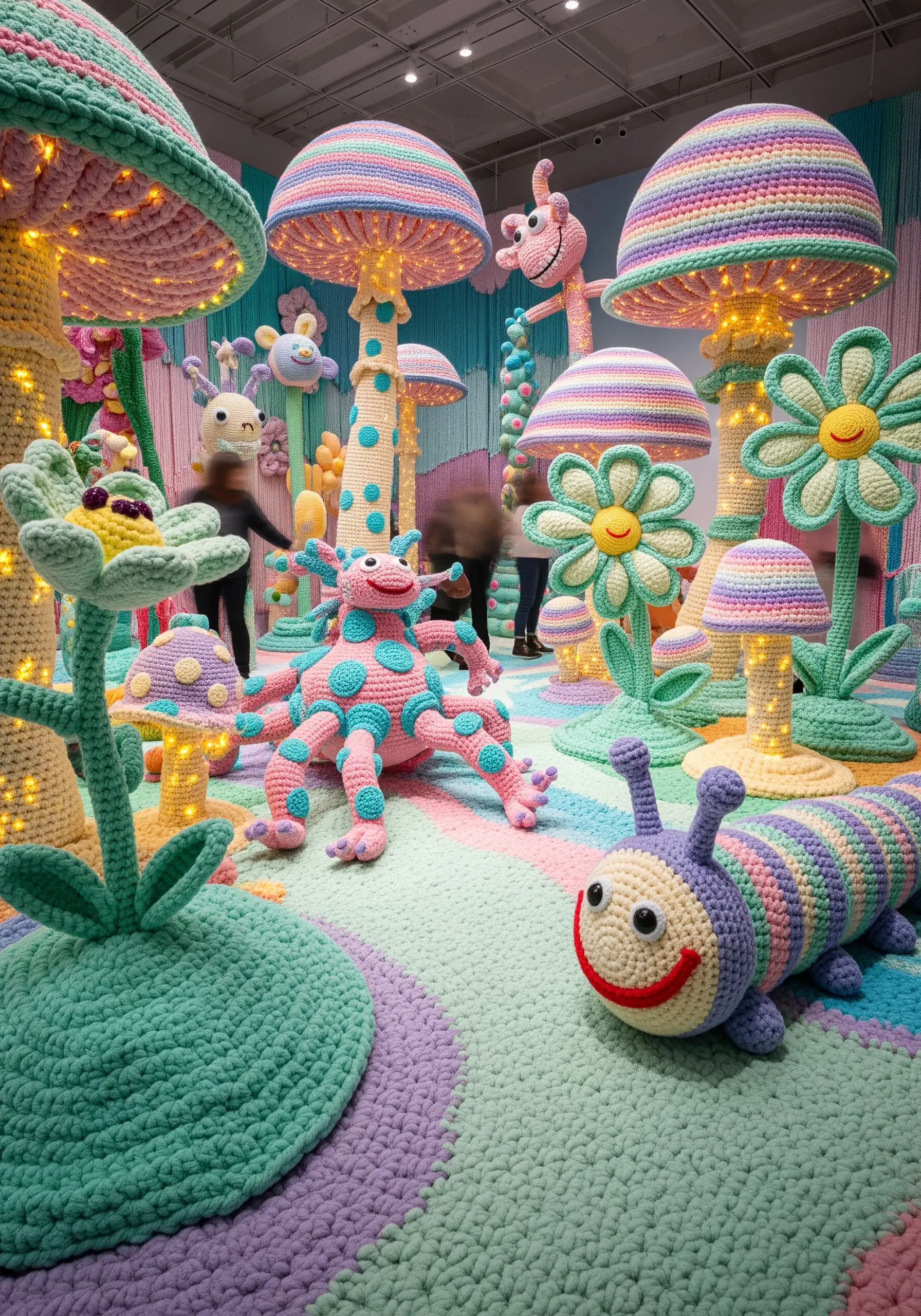Whimsical, large-scale crocheted installation of colorful mushrooms, flowers, and fantasy creatures.