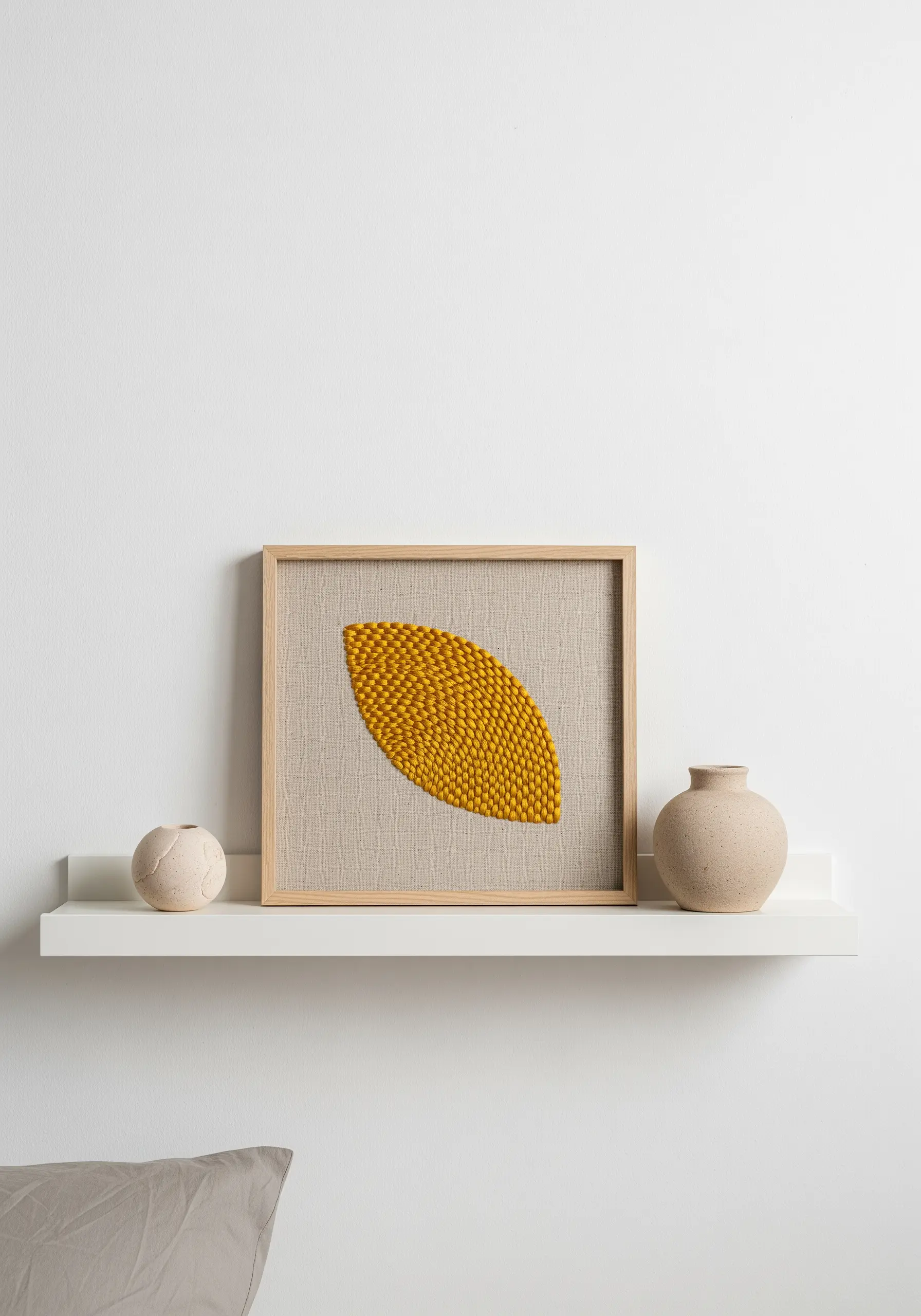 A leaf shape filled entirely with yellow French knots, framed as wall art.