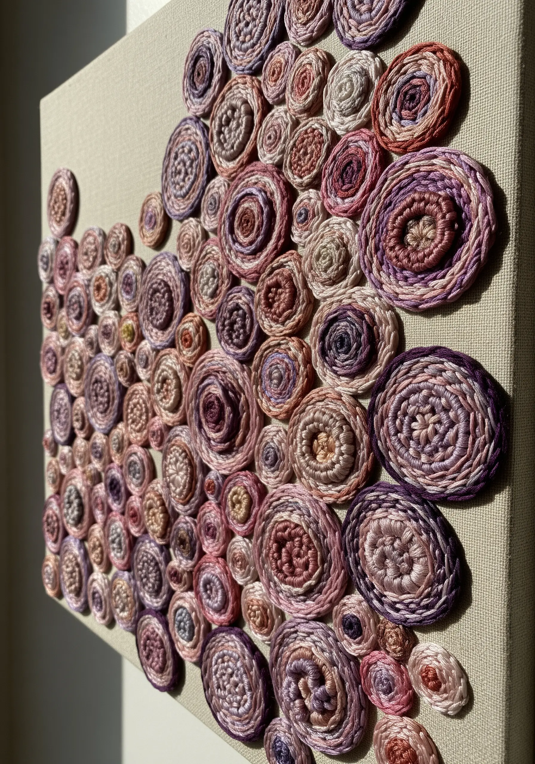 A canvas covered in dimensional, woven circular medallions in shades of purple and pink.