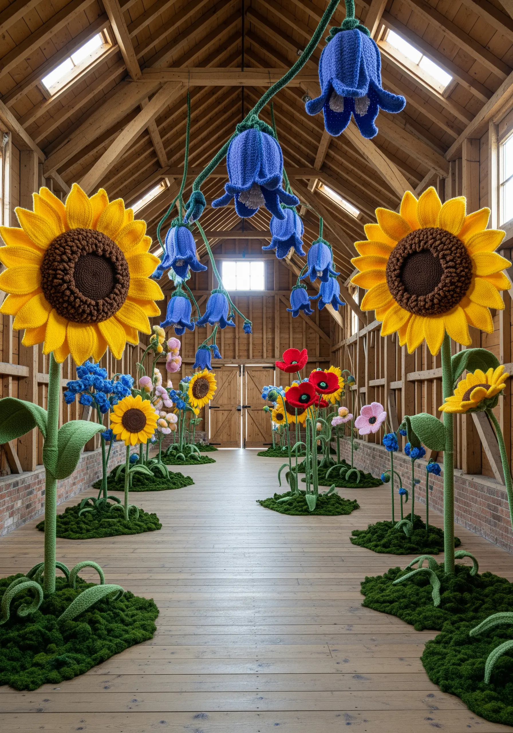 A room filled with giant, freestanding crocheted sunflowers, poppies, and bluebells.