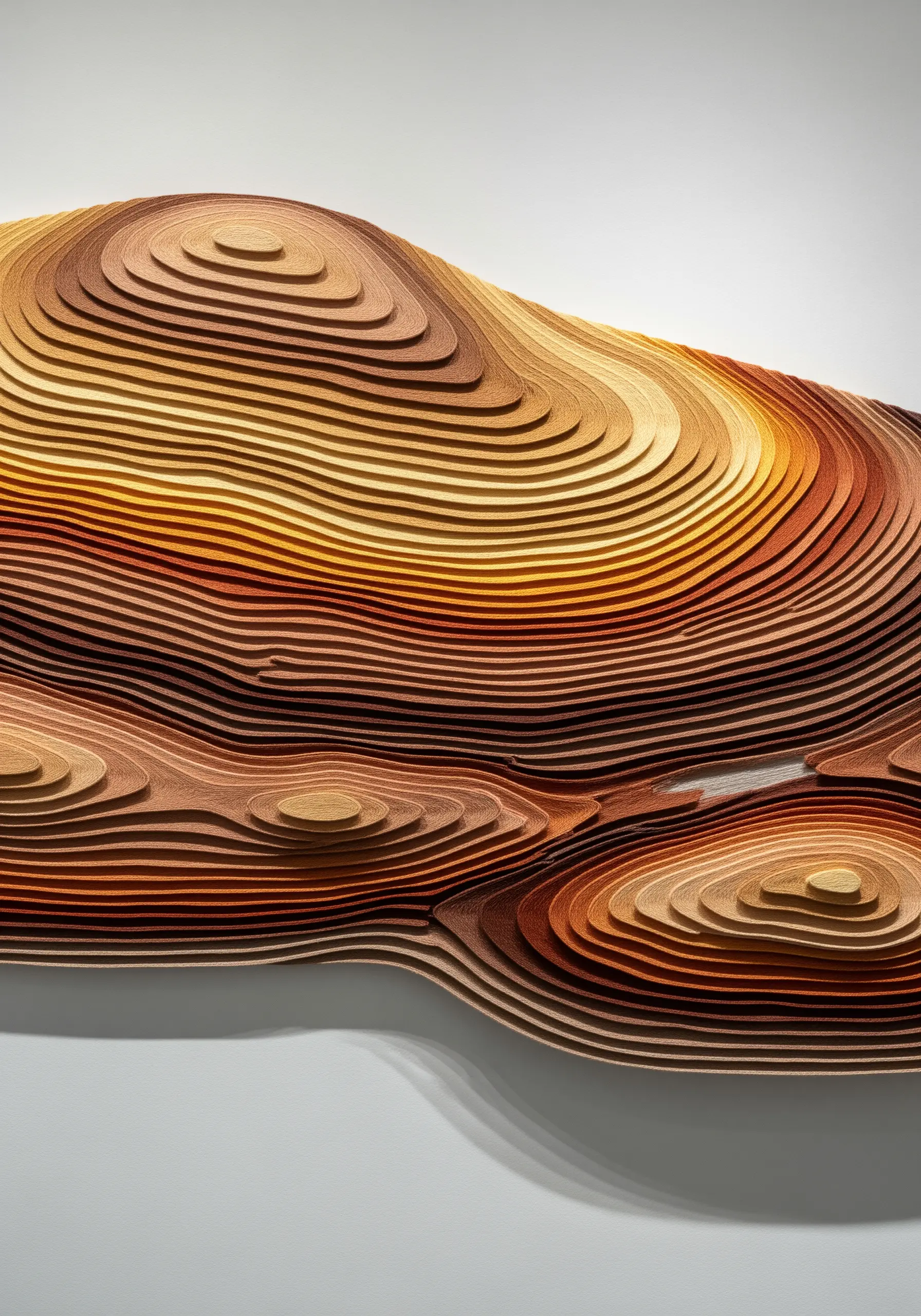 Topographical wall art made of layered, thread-edged material in earthy tones.