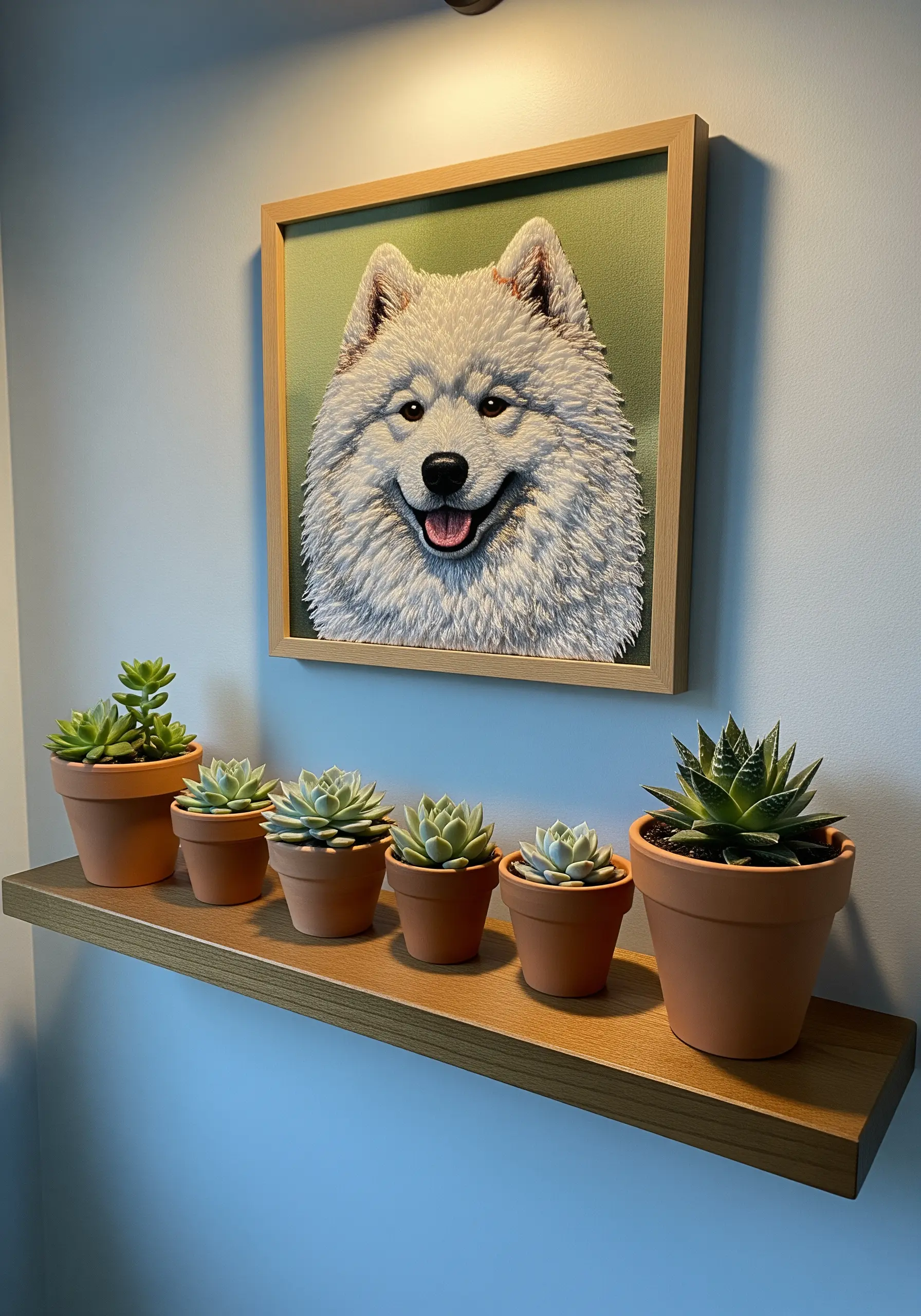 A fluffy Samoyed dog portrait with highly textured, layered white stitches.