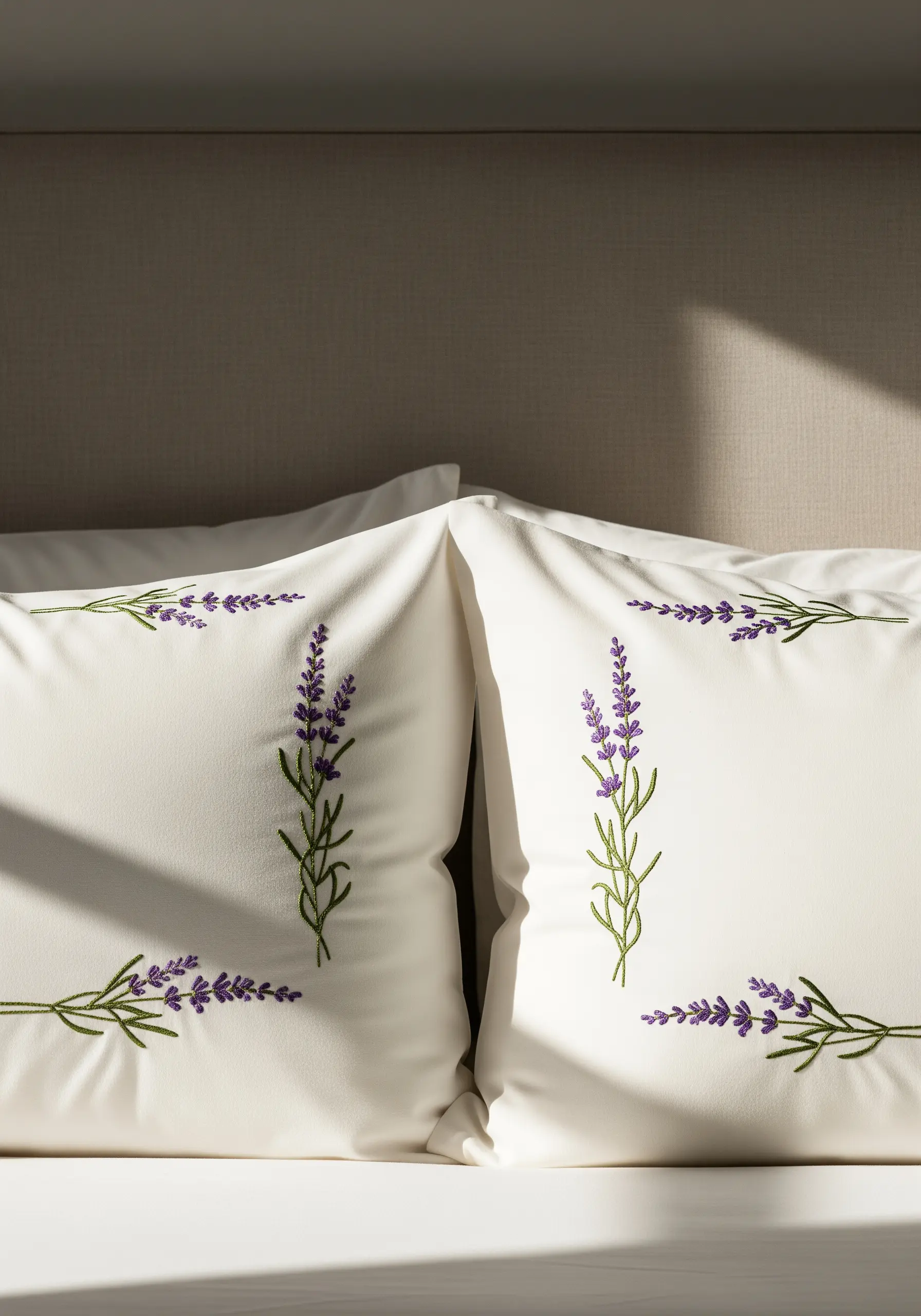 Delicate lavender sprigs embroidered on the corners of two white pillowcases.
