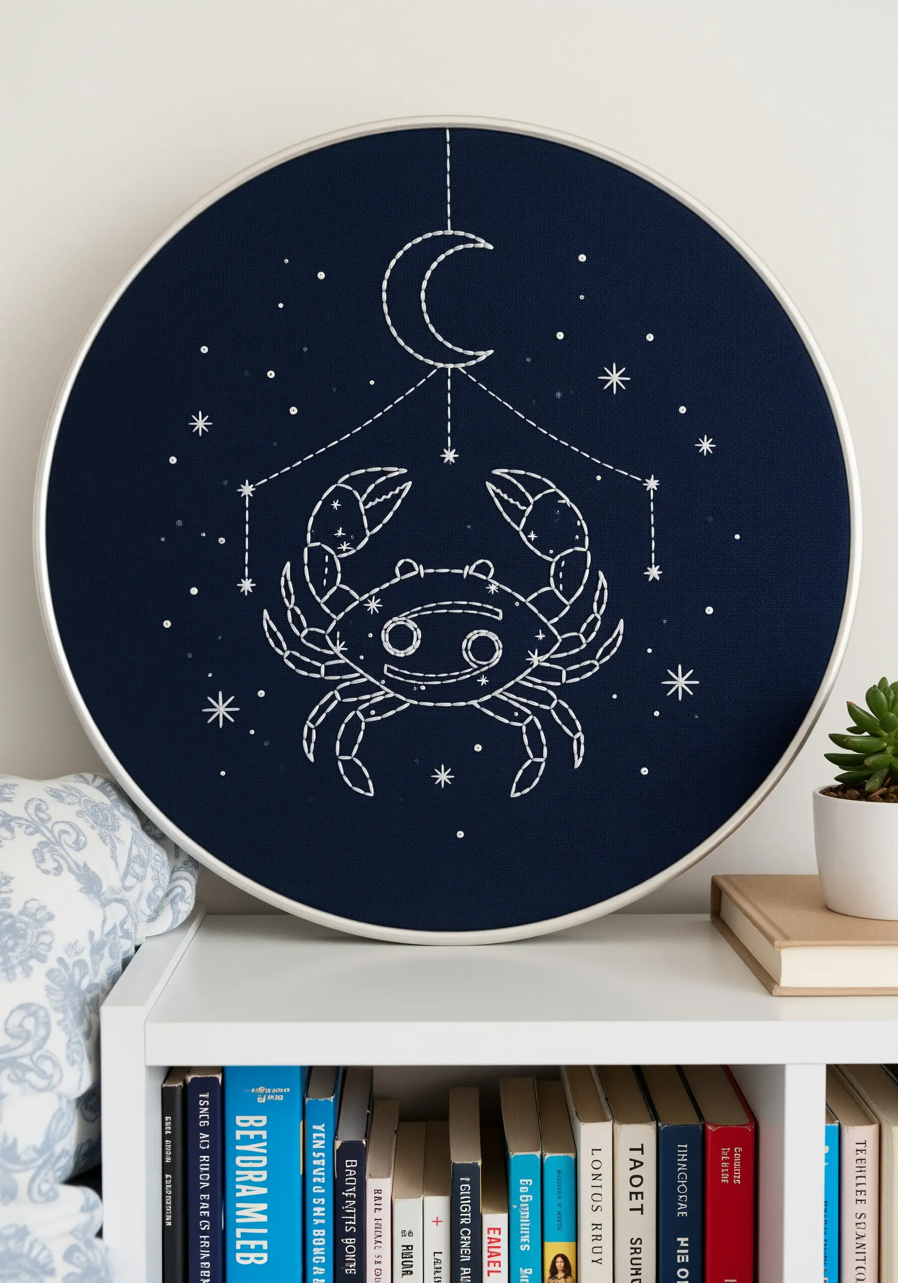 Cancer zodiac crab and moon embroidered in white thread on dark navy fabric.