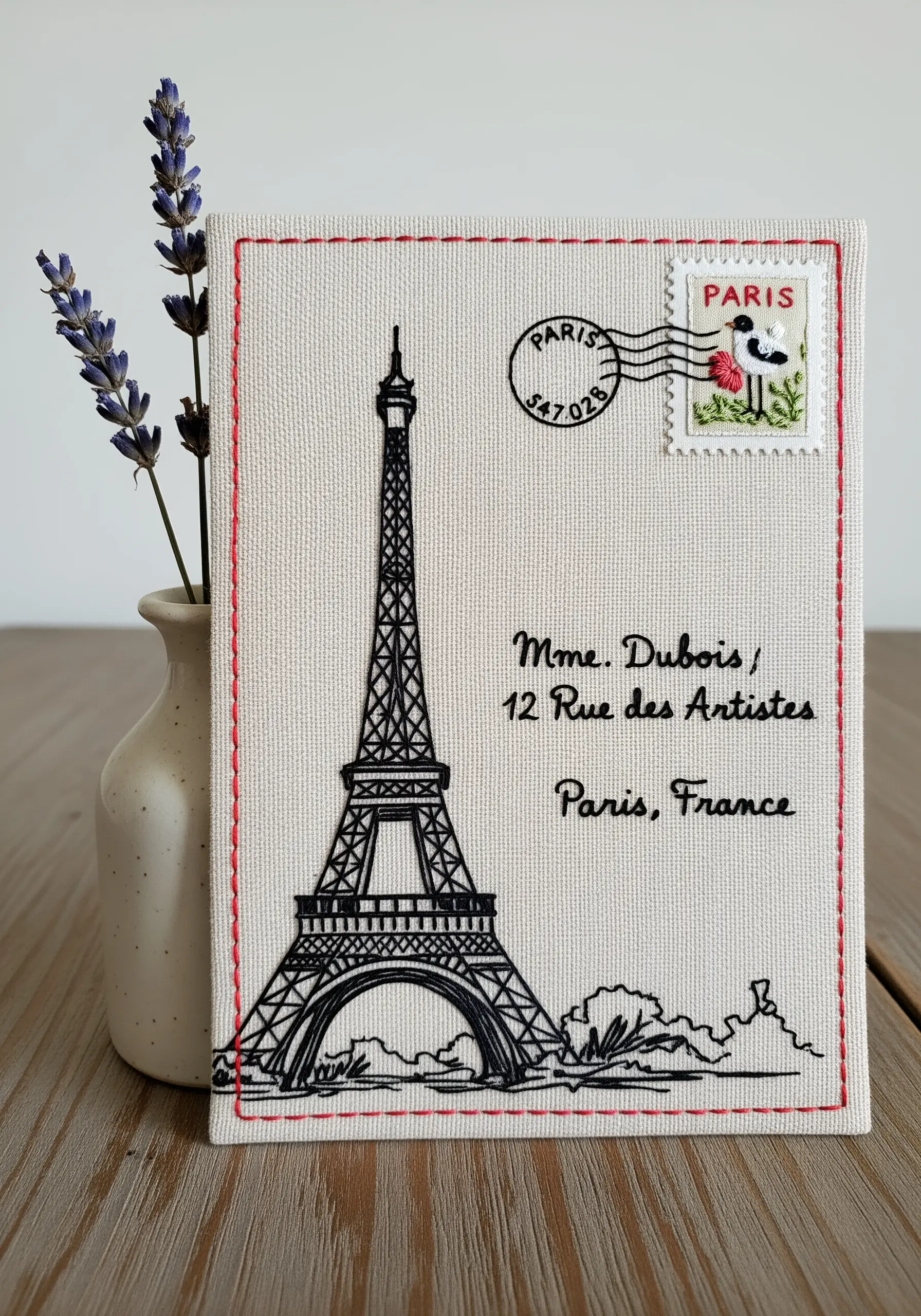 Embroidered postcard with Eiffel Tower and text