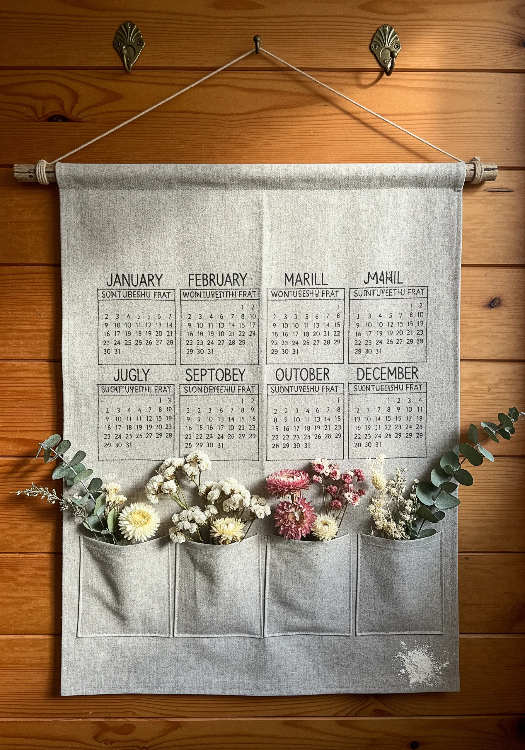 Canvas wall organizer with dried flowers and embroidered pockets