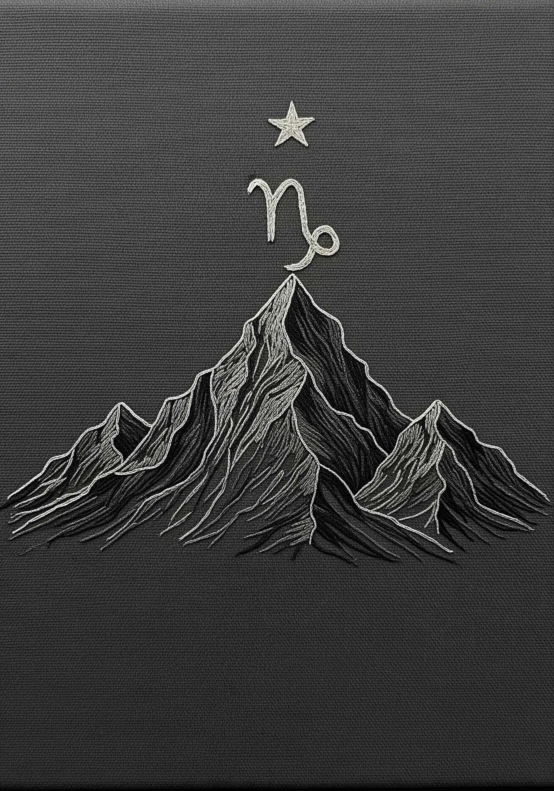 A mountain range thread-painted in shades of grey and white, with the Capricorn symbol above.