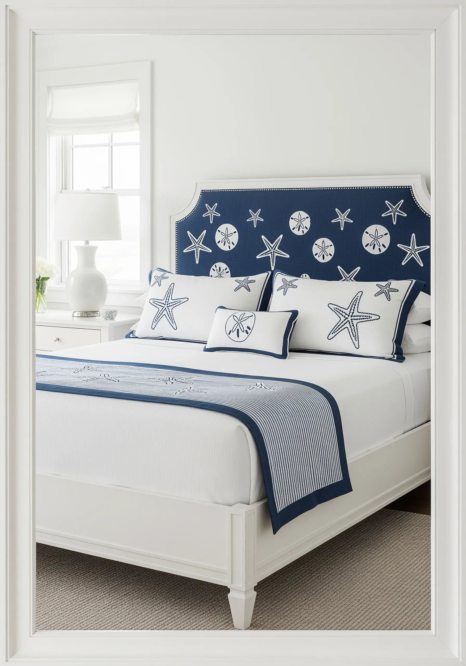 White embroidered starfish and sand dollars on a navy blue headboard and pillows.