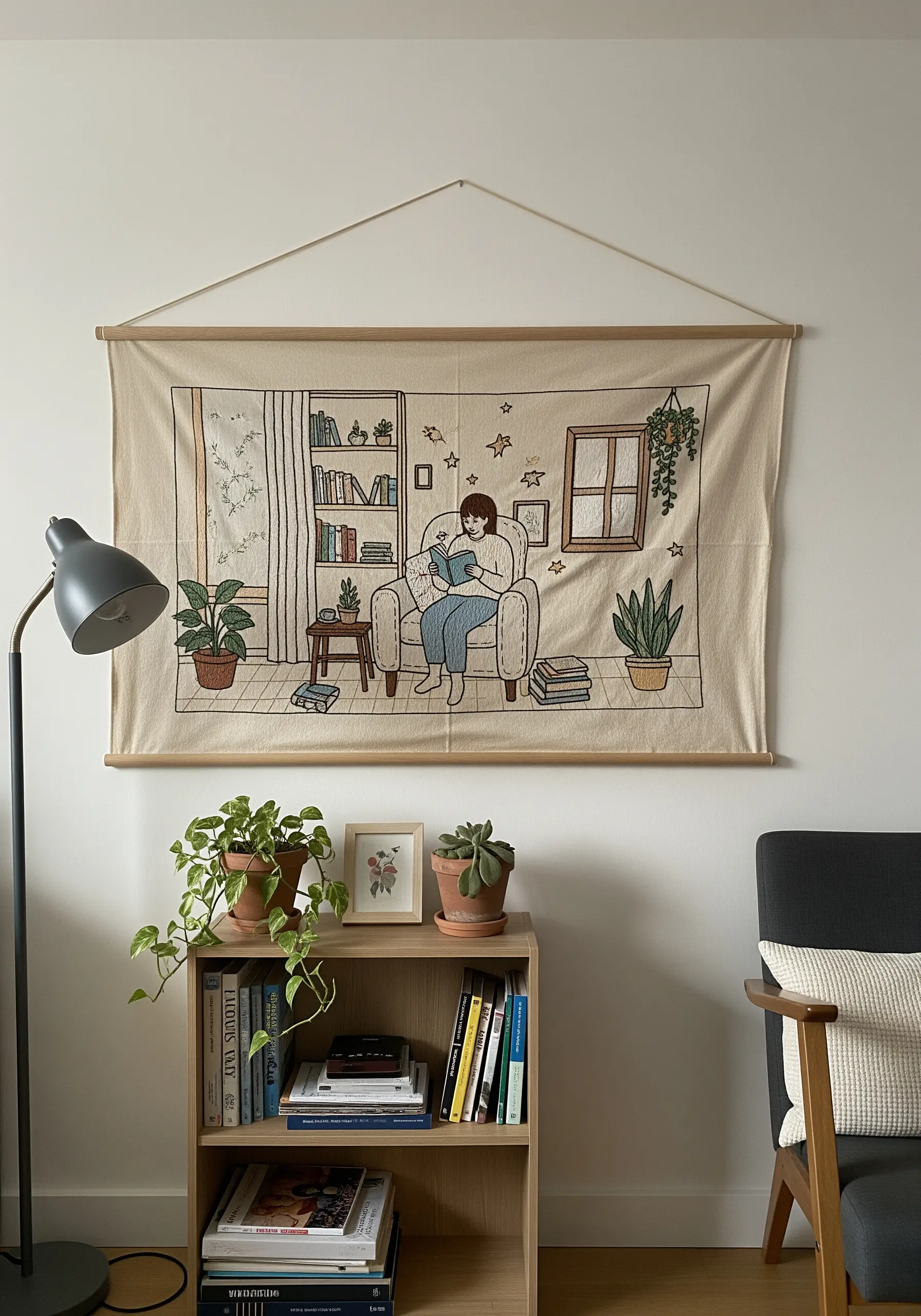 An embroidered tapestry depicting a person reading in a cozy room filled with plants and books.