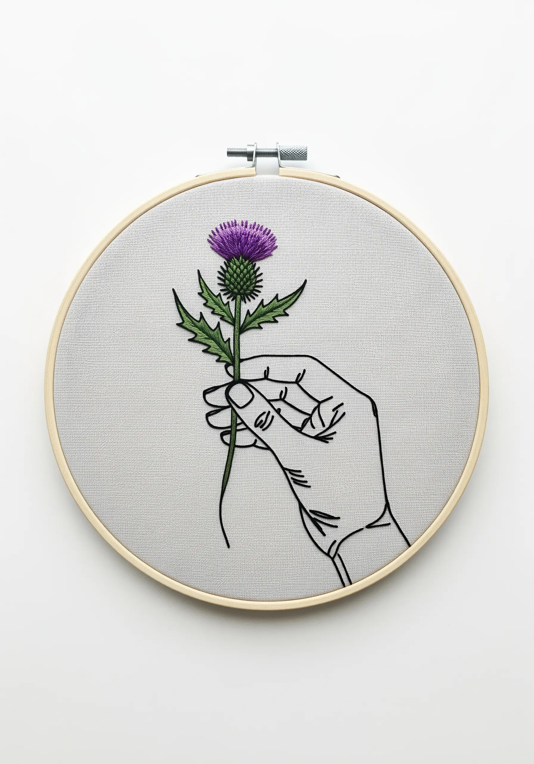 Line art hand holding an embroidered thistle with varied textures for leaves and flower.