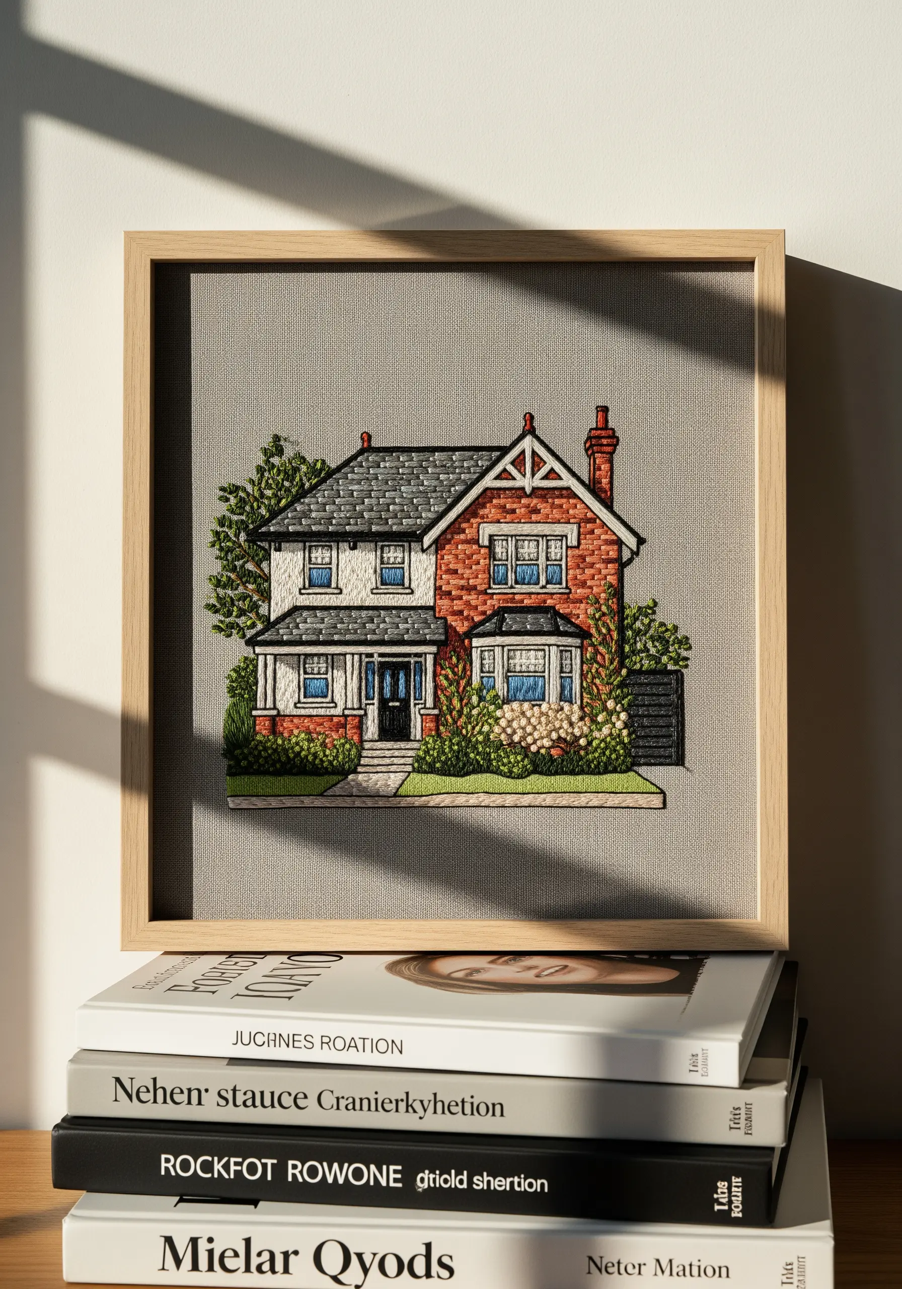 A detailed embroidery portrait of a brick house, framed in a light wood square frame.