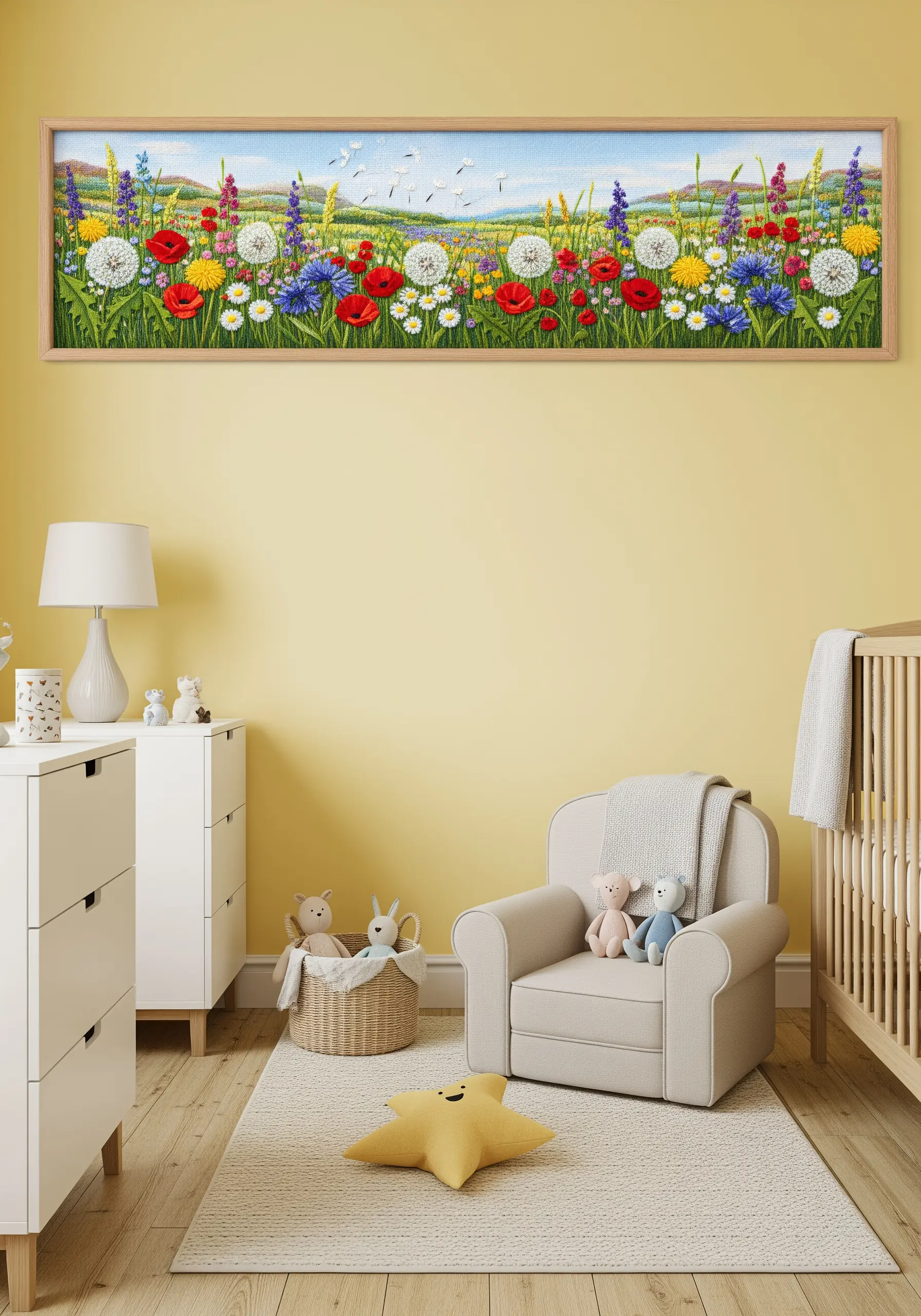 Panoramic embroidery of a colorful wildflower meadow in a long rectangular frame.