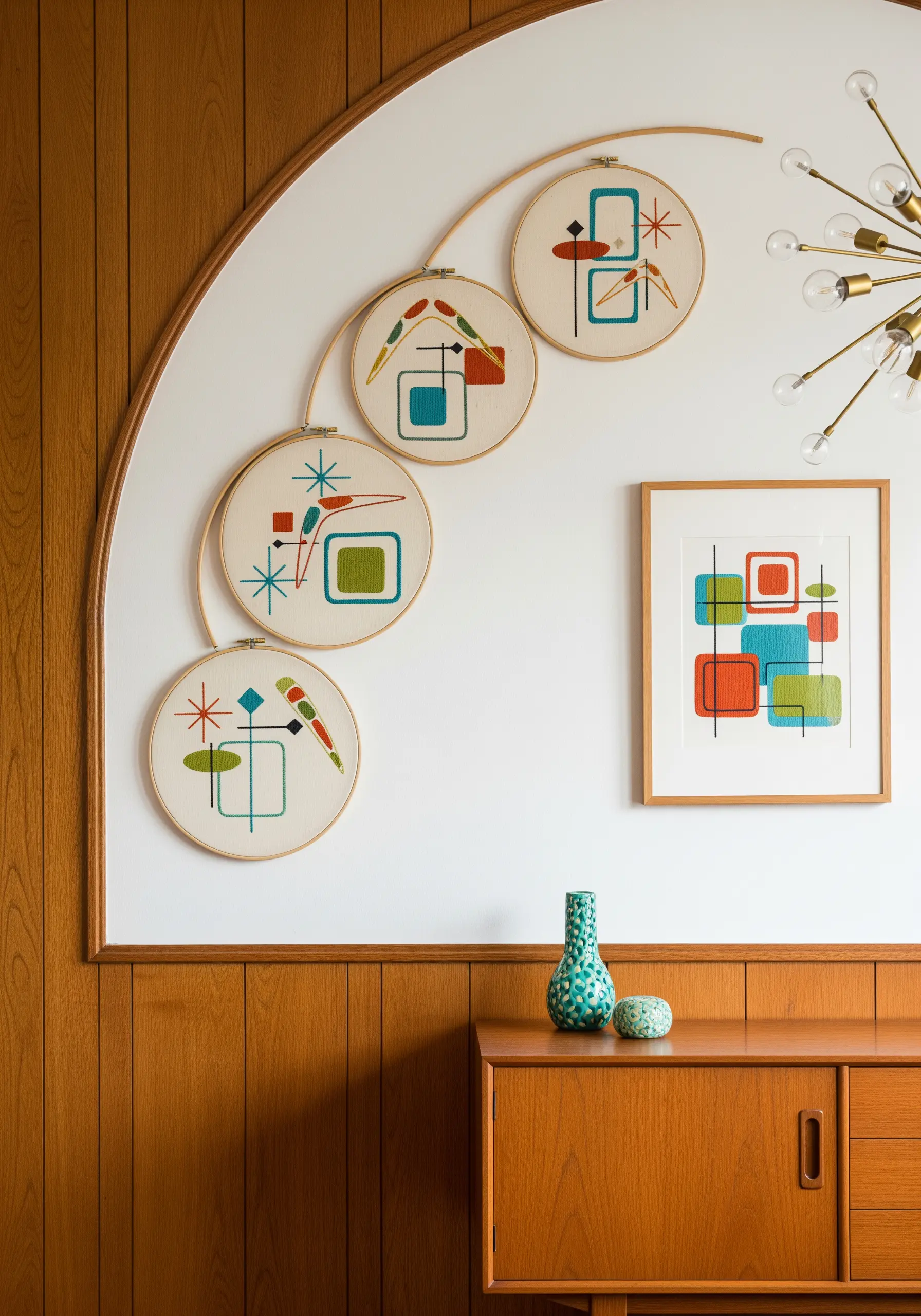 Four embroidery hoops with mid-century modern designs hung in an archway.
